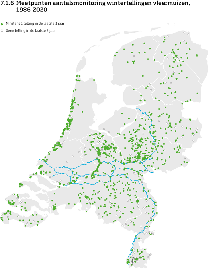 De kaart toont de ligging van de meetpunten in Nederland van de aantalsmonitoring van vleermuizen door middel van wintertellingen van 1986 tot en met 2020. Per meetpunt is aangegeven of er minimaal 1 telling is uitgevoerd in de laatste 3 jaar of niet.
