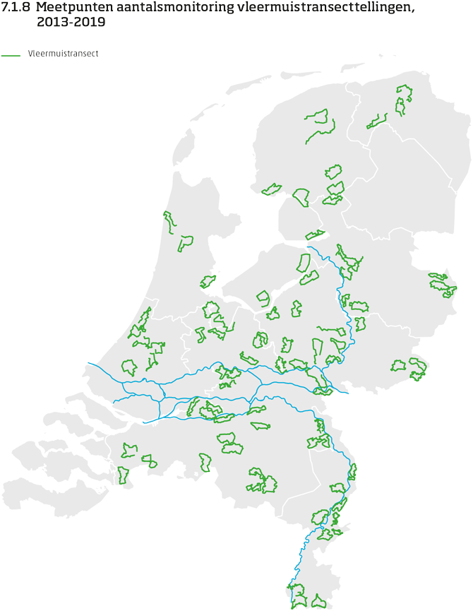 De kaart toont de ligging van de meetpunten in Nederland van de aantalsmonitoring van vleermuizen door middel van transecttellingen van 2013 tot en met 2019. Per meetpunt is het transect als lijn ingetekend.