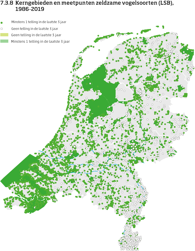 De kaart toont de ligging van de kerngebieden en meetpunten in Nederland van de aantalsmonitoring van zeldzame vogels van 1986 tot en met 2019. Per kerngebied en meetpunt is aangegeven of er minimaal 1 telling is uitgevoerd in de laatste 3 jaar of niet.