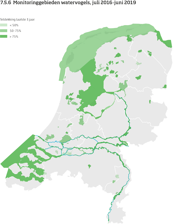 De kaart toont de ligging van de monitoringgebieden in Nederland van watervogels van juli 2016 tot en met juni 2019. Per monitoringgebied is aangegeven of de teldekking in de laatste 3 jaar minder dan 50%, 50 tot 75% of meer dan 75% bereikte.