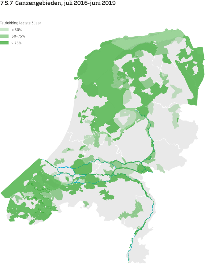 De kaart toont de ligging van de ganzengebieden in Nederland van juli 2016 tot en met juni 2019. Per ganzengebied is aangegeven of de teldekking in de laatste 3 jaar minder dan 50%, 50 tot 75% of meer dan 75% bereikte.