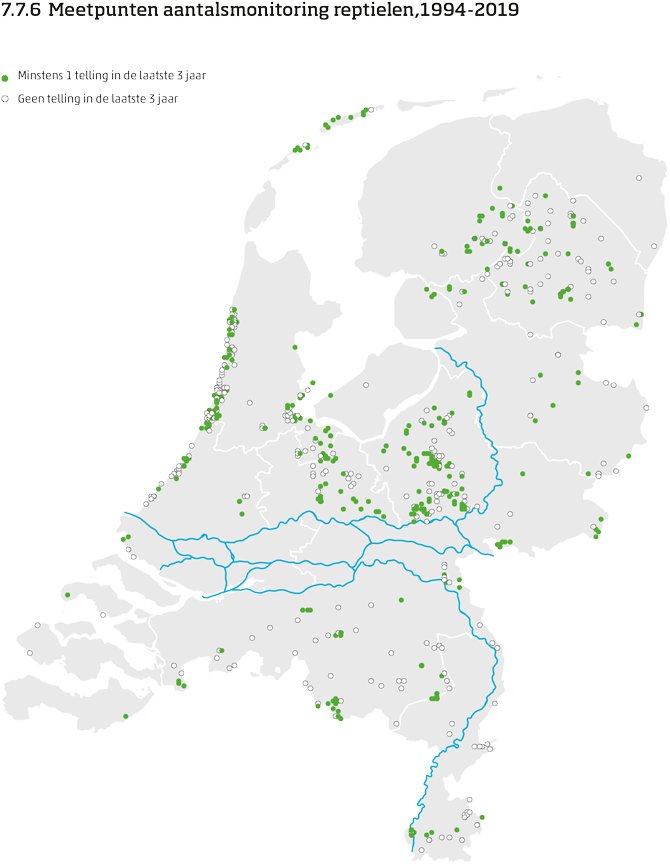 De kaart toont de ligging van de meetpunten in Nederland van de aantalsmonitoring van reptielen van 1994 tot en met 2019. Per meetpunt is aangegeven of er minimaal 1 telling is uitgevoerd in de laatste 3 jaar of niet.