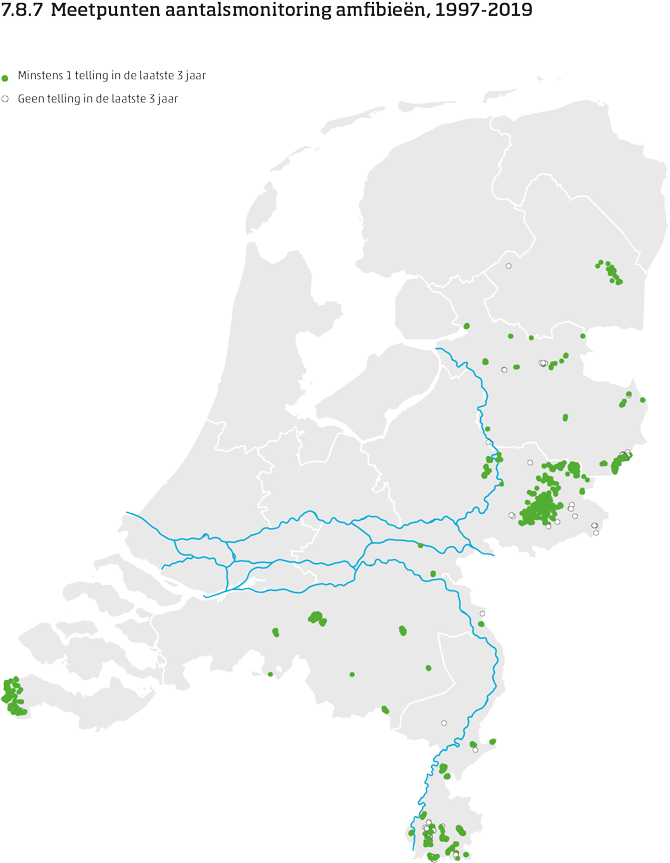 De kaart toont de ligging van de meetpunten in Nederland van de aantalsmonitoring van amfibieën van 1997 tot en met 2019. Per meetpunt is aangegeven of er minimaal 1 telling is uitgevoerd in de laatste 3 jaar of niet.