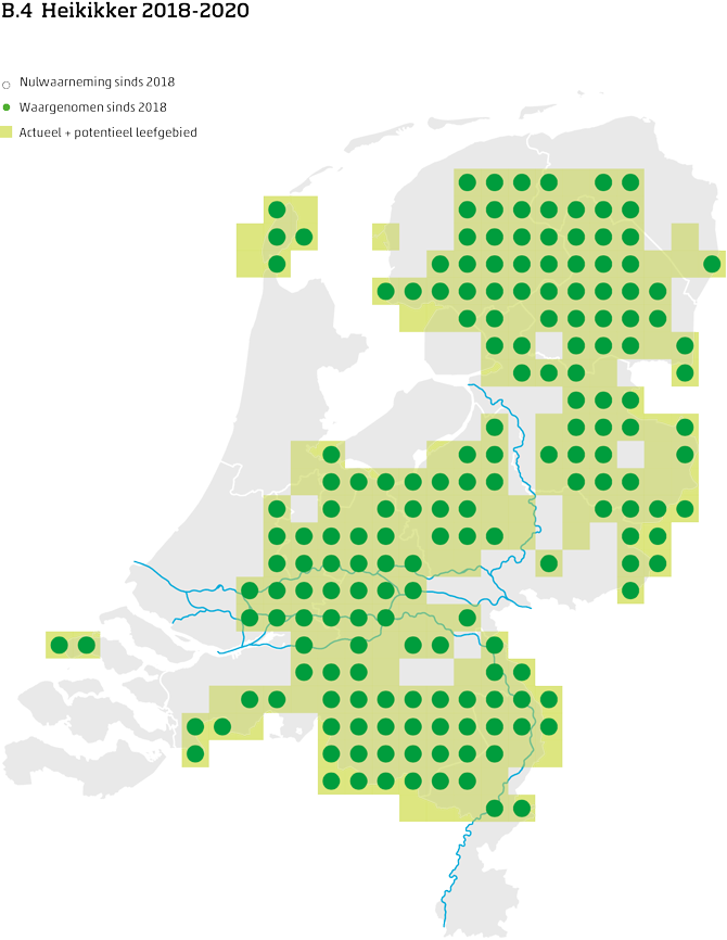 De kaart toont voor de heikikker het actueel en potentieel leefgebied Nederland. In 10 bij 10 kilometer hokken is aangegeven waar de soort sinds 2018 is waargenomen en waar niet.
