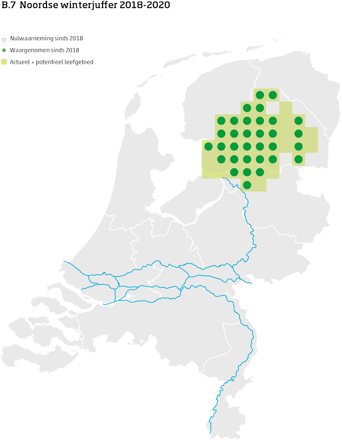 De kaart toont voor de Noordse winterjuffer het actueel en potentieel leefgebied Nederland. In 10 bij 10 kilometer hokken is aangegeven waar de soort sinds 2018 is waargenomen en waar niet.