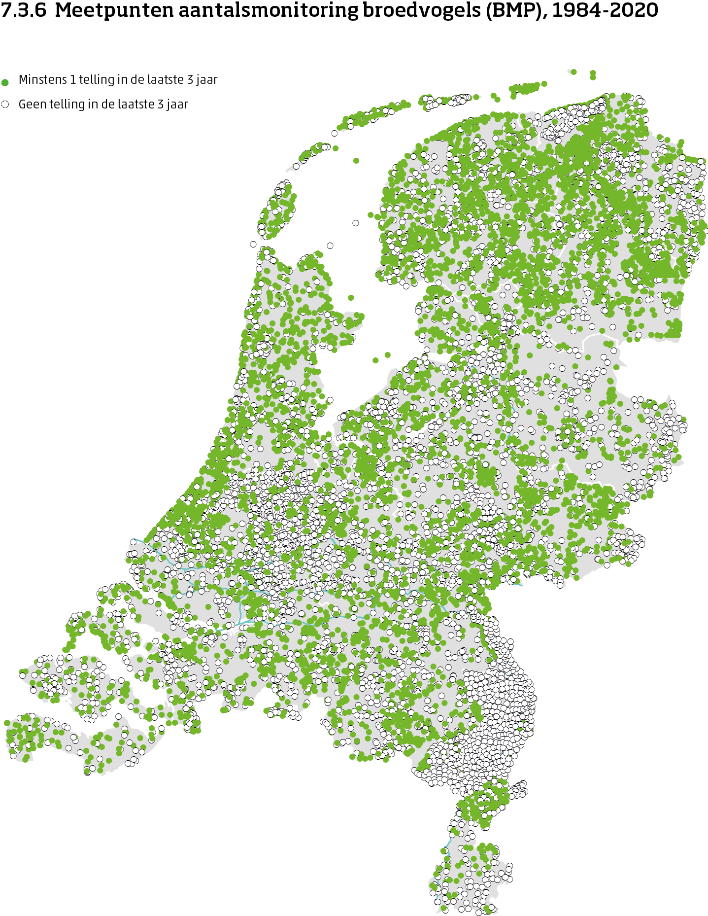 De kaart toont de ligging van de meetpunten in Nederland van de aantalsmonitoring van broedvogels van 1984 tot en met 2020. Per meetpunt is aangegeven of er minimaal 1 telling is uitgevoerd in de laatste 3 jaar of niet.