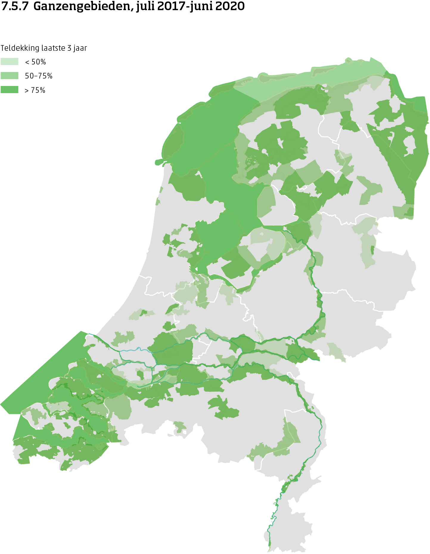 De kaart toont de ligging van de ganzengebieden in Nederland van juli 2017 tot en met juni 2020. Per ganzengebied is aangegeven of de teldekking in de laatste 3 jaar minder dan 50%, 50 tot 75% of meer dan 75% bereikte.