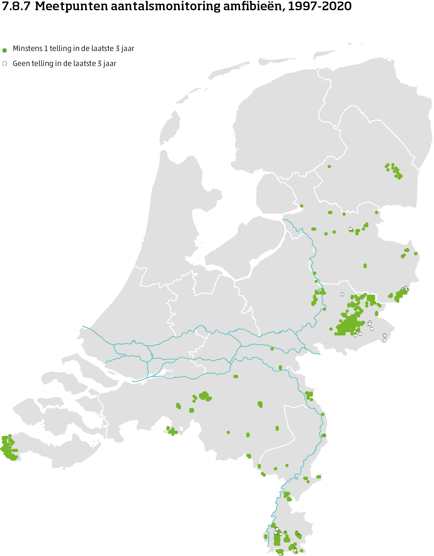 De kaart toont de ligging van de meetpunten in Nederland van de aantalsmonitoring van amfibieën van 1997 tot en met 2020. Per meetpunt is aangegeven of er minimaal 1 telling is uitgevoerd in de laatste 3 jaar of niet.