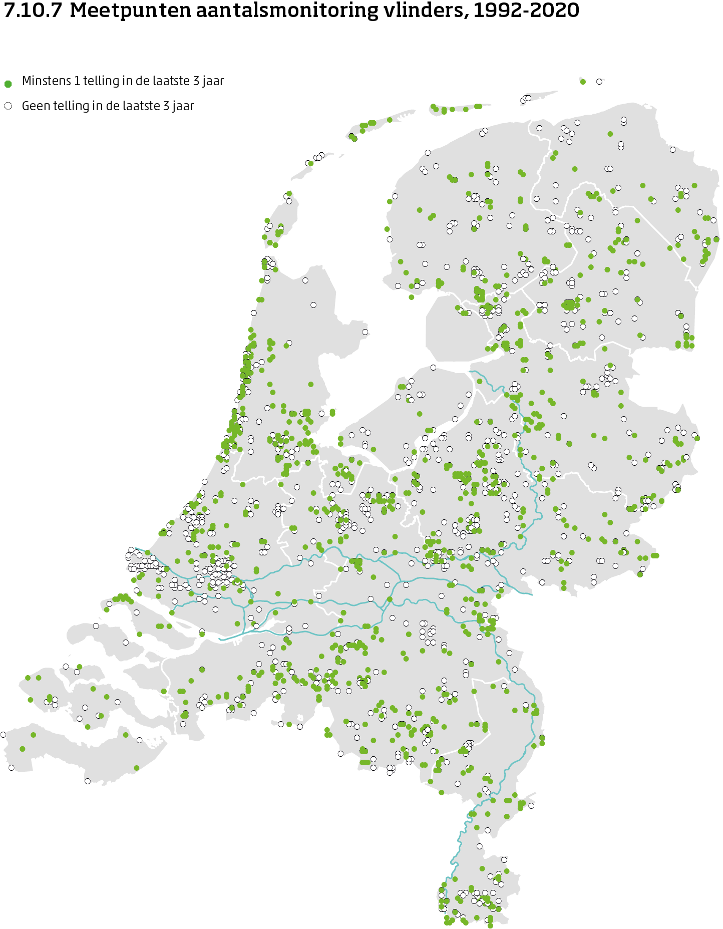 De kaart toont de ligging van de meetpunten in Nederland van de aantalsmonitoring van vlinders van 1992 tot en met 2020. Per meetpunt is aangegeven of er minimaal 1 telling is uitgevoerd in de laatste 3 jaar of niet.