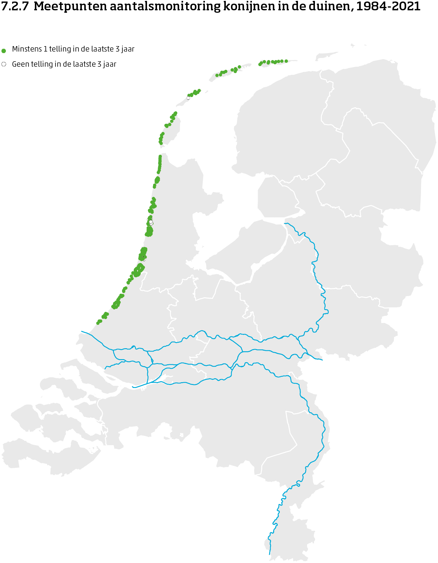 De kaart toont de ligging van de meetpunten in de duinen in Nederland van de aantalsmonitoring van konijnen van 1984 tot en met 2021. Per meetpunt is aangegeven of er minimaal 1 telling is uitgevoerd in de laatste 3 jaar of niet.