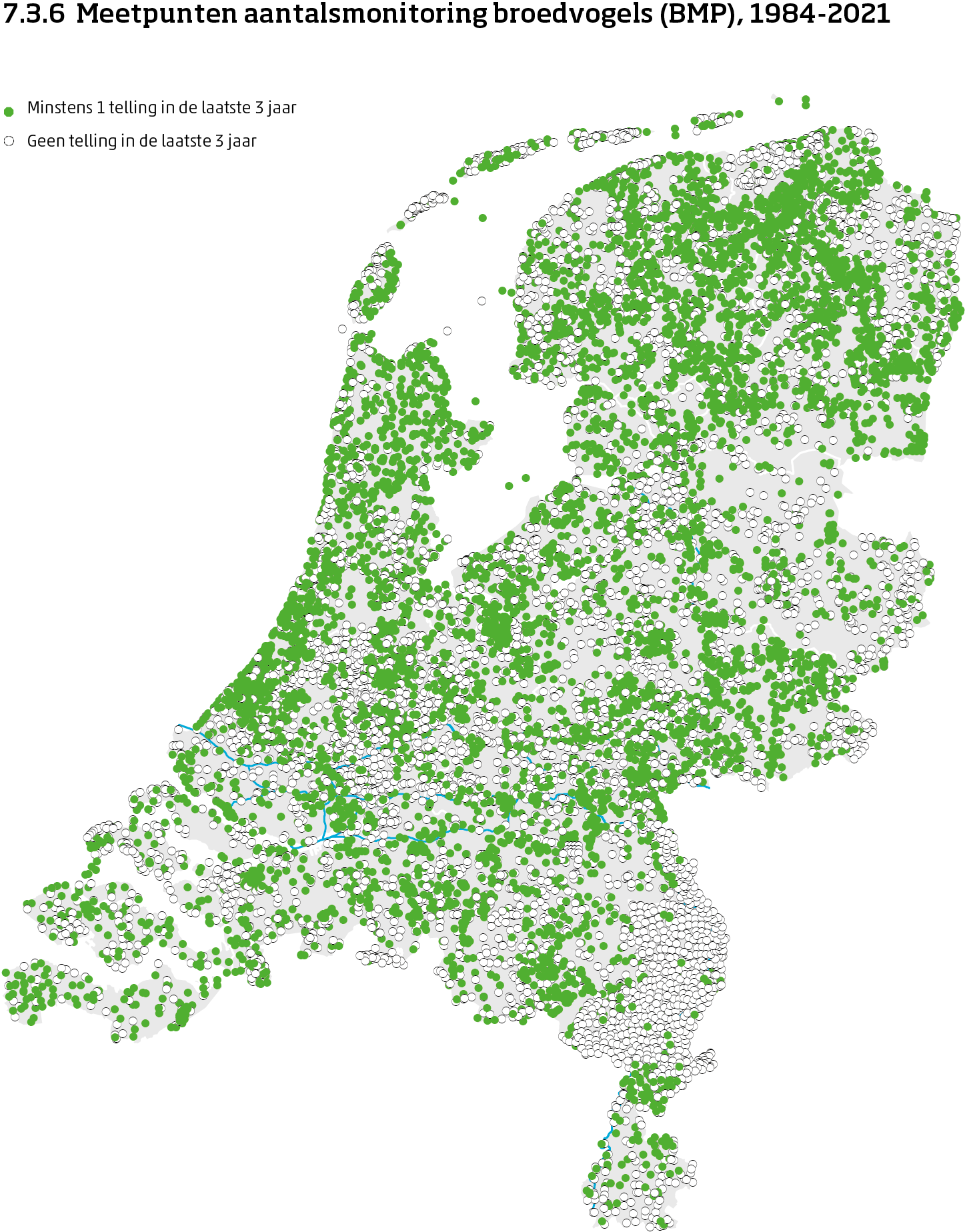 De kaart toont de ligging van de meetpunten in Nederland van de aantalsmonitoring van broedvogels van 1984 tot en met 2021. Per meetpunt is aangegeven of er minimaal 1 telling is uitgevoerd in de laatste 3 jaar of niet.