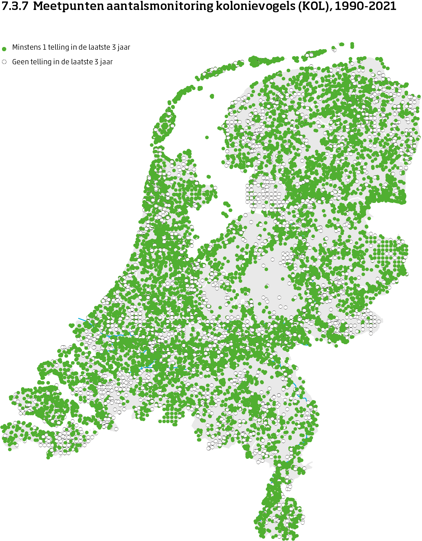 De kaart toont de ligging van de meetpunten in Nederland van de aantalsmonitoring van kolonievogels van 1990 tot en met 2021. Per meetpunt is aangegeven of er minimaal 1 telling is uitgevoerd in de laatste 3 jaar of niet.