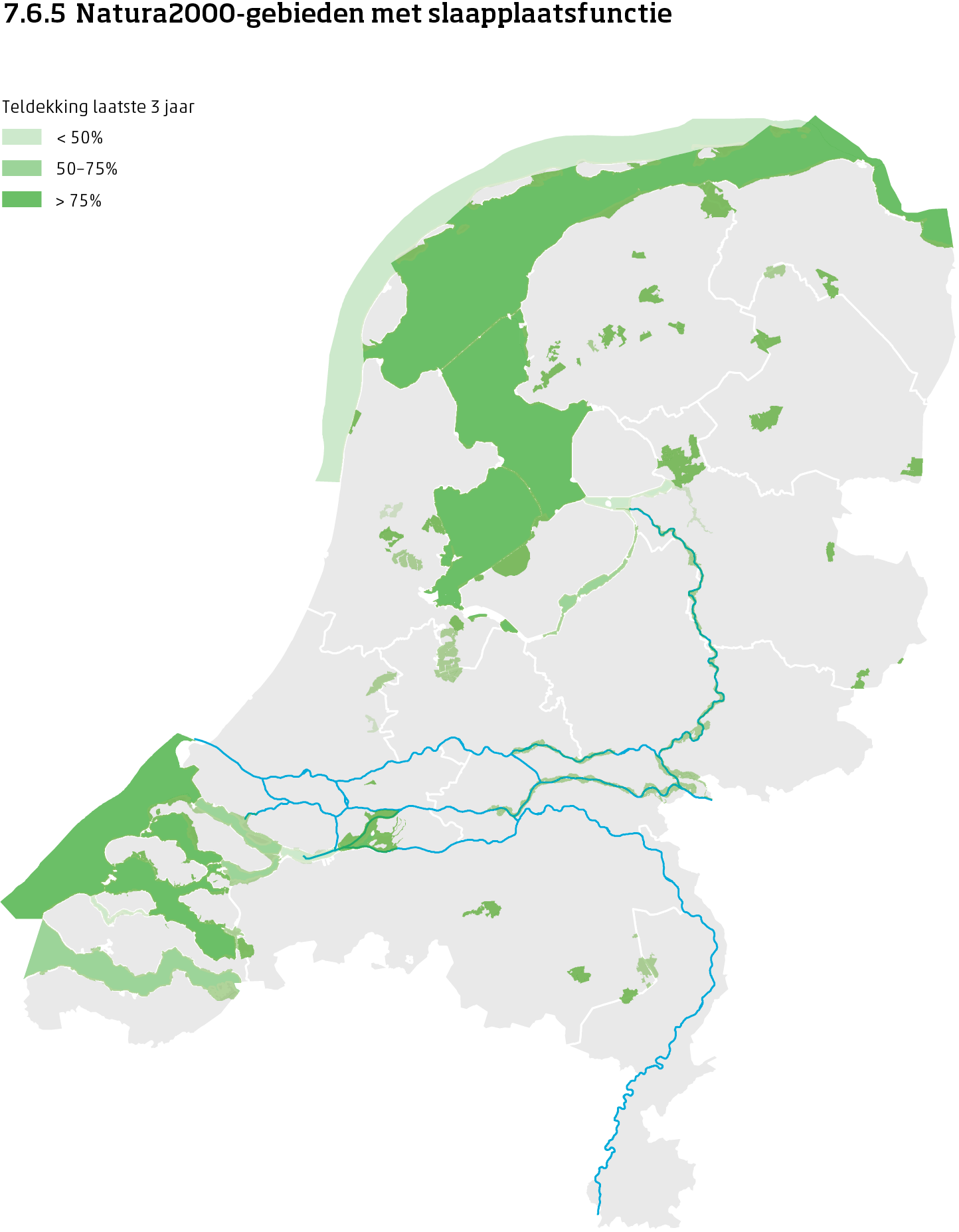 De kaart toont de ligging van de Natura2000-gebieden met slaapplaatsfunctie voor vogels in Nederland. Per Natura2000-gebied is aangegeven of de teldekking in de laatste 3 jaar minder dan 50%, 50 tot 75% of meer dan 75% bereikte.