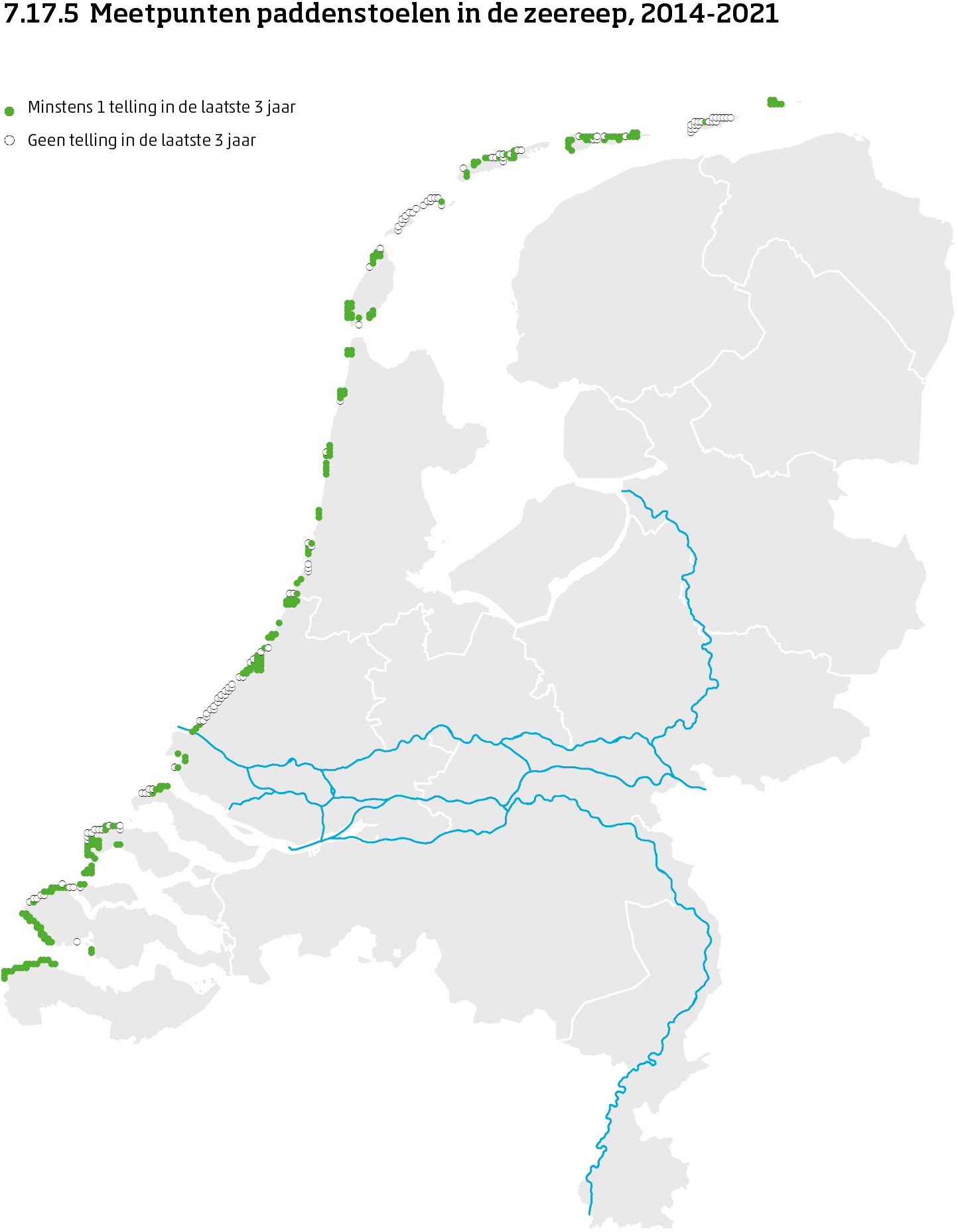 De kaart toont de ligging van de meetpunten in Nederland van paddenstoelen in de zeereep van 2014 tot en met 2021. Per meetpunt is aangegeven of er minimaal 1 telling is uitgevoerd in de laatste 3 jaar of niet.