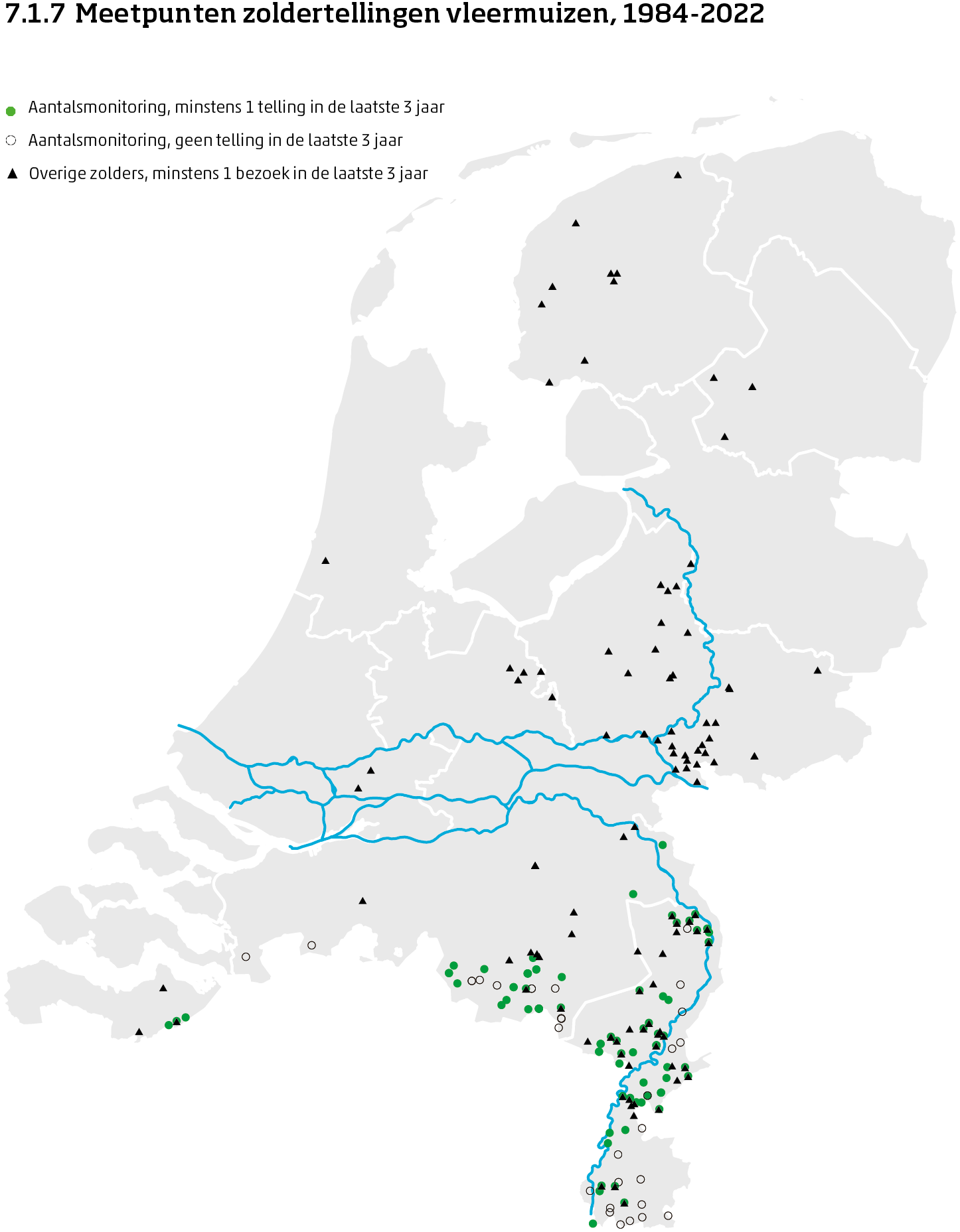De kaart toont de ligging van de meetpunten in Nederland van de aantalsmonitoring van vleermuizen door middel van zoldertellingen van 1984 tot en met 2023. Per meetpunt is aangegeven of er minimaal 1 telling is uitgevoerd in de laatste 3 jaar of niet.