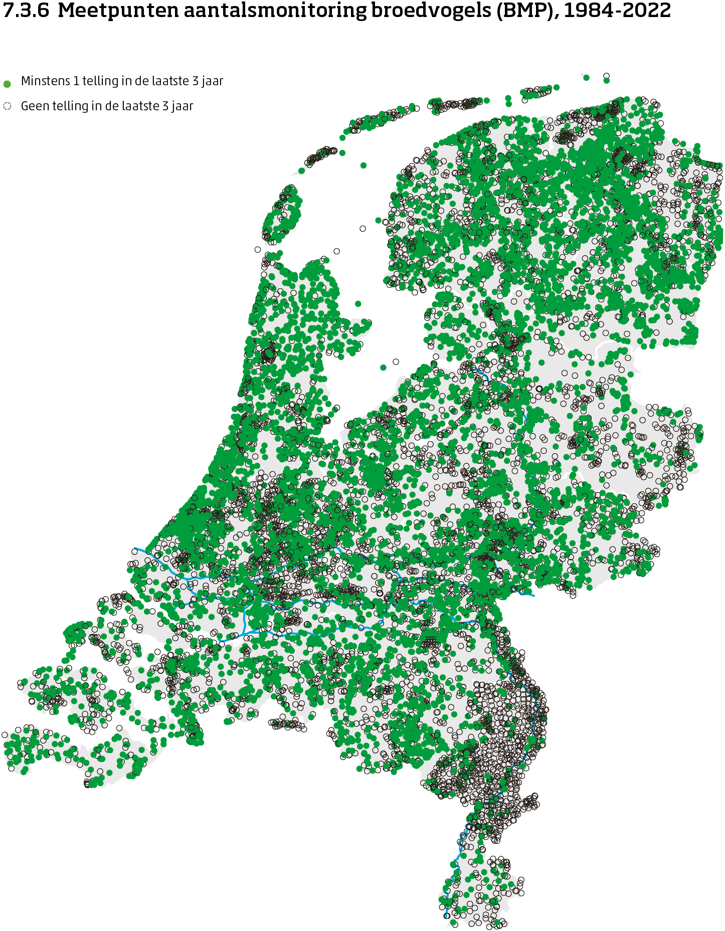 De kaart toont de ligging van de meetpunten in Nederland van de aantalsmonitoring van broedvogels van 1984 tot en met 2023. Per meetpunt is aangegeven of er minimaal 1 telling is uitgevoerd in de laatste 3 jaar of niet.