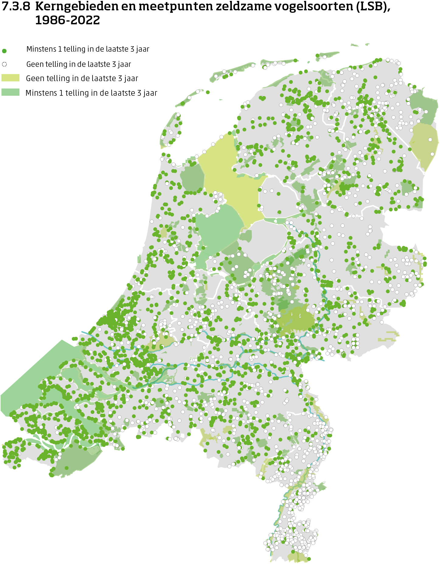 De kaart toont de ligging van de kerngebieden en meetpunten in Nederland van de aantalsmonitoring van zeldzame vogels van 1986 tot en met 2023. Per kerngebied en meetpunt is aangegeven of er minimaal 1 telling is uitgevoerd in de laatste 3 jaar of niet.