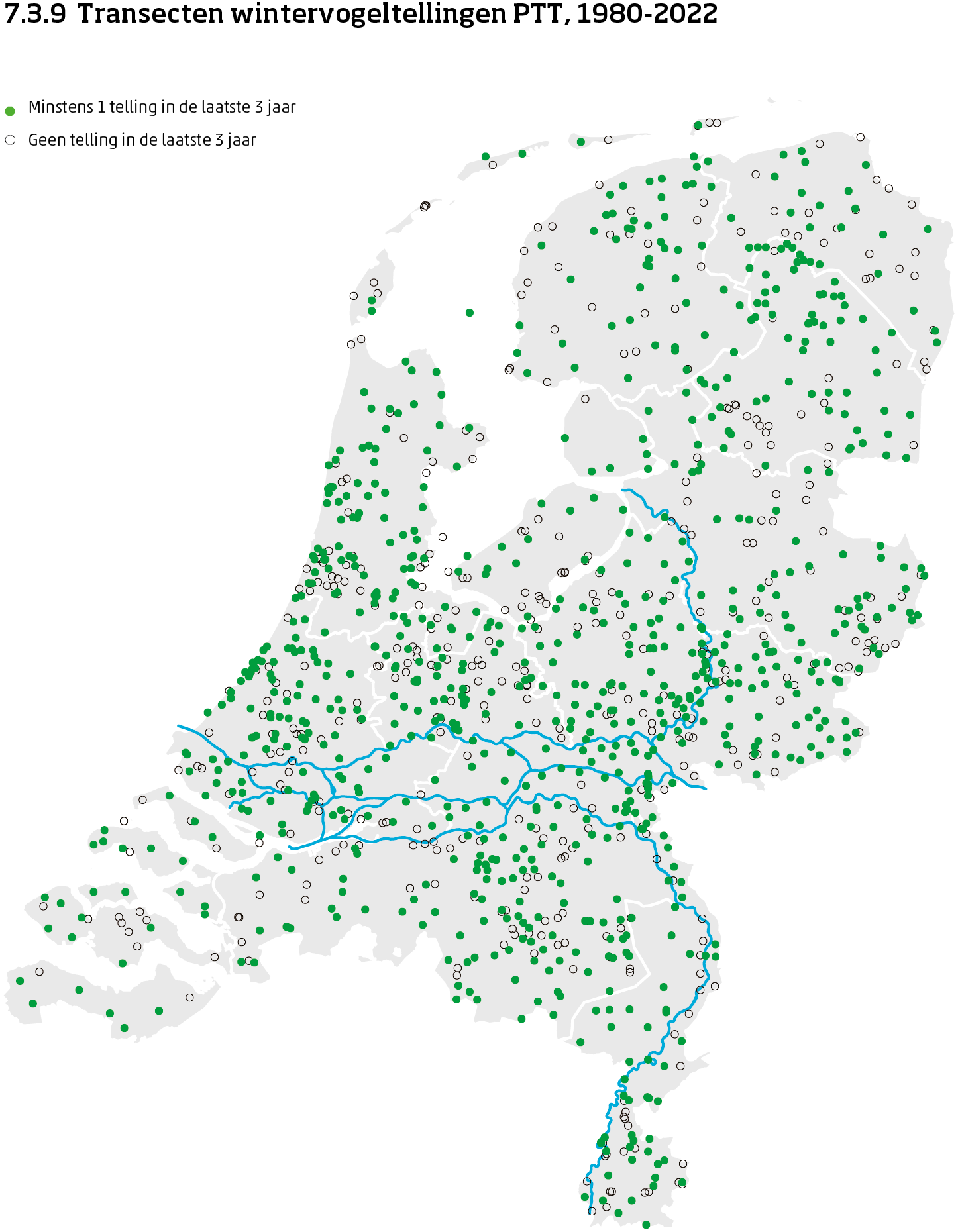 De kaart toont de ligging van de transecten in Nederland van de aantalsmonitoring van broedvogels door middel van punt transect tellingen in de winter van 1980 tot en met 2023. Per transect is aangegeven of er minimaal 1 telling is uitgevoerd in de laatste 3 jaar of niet.
