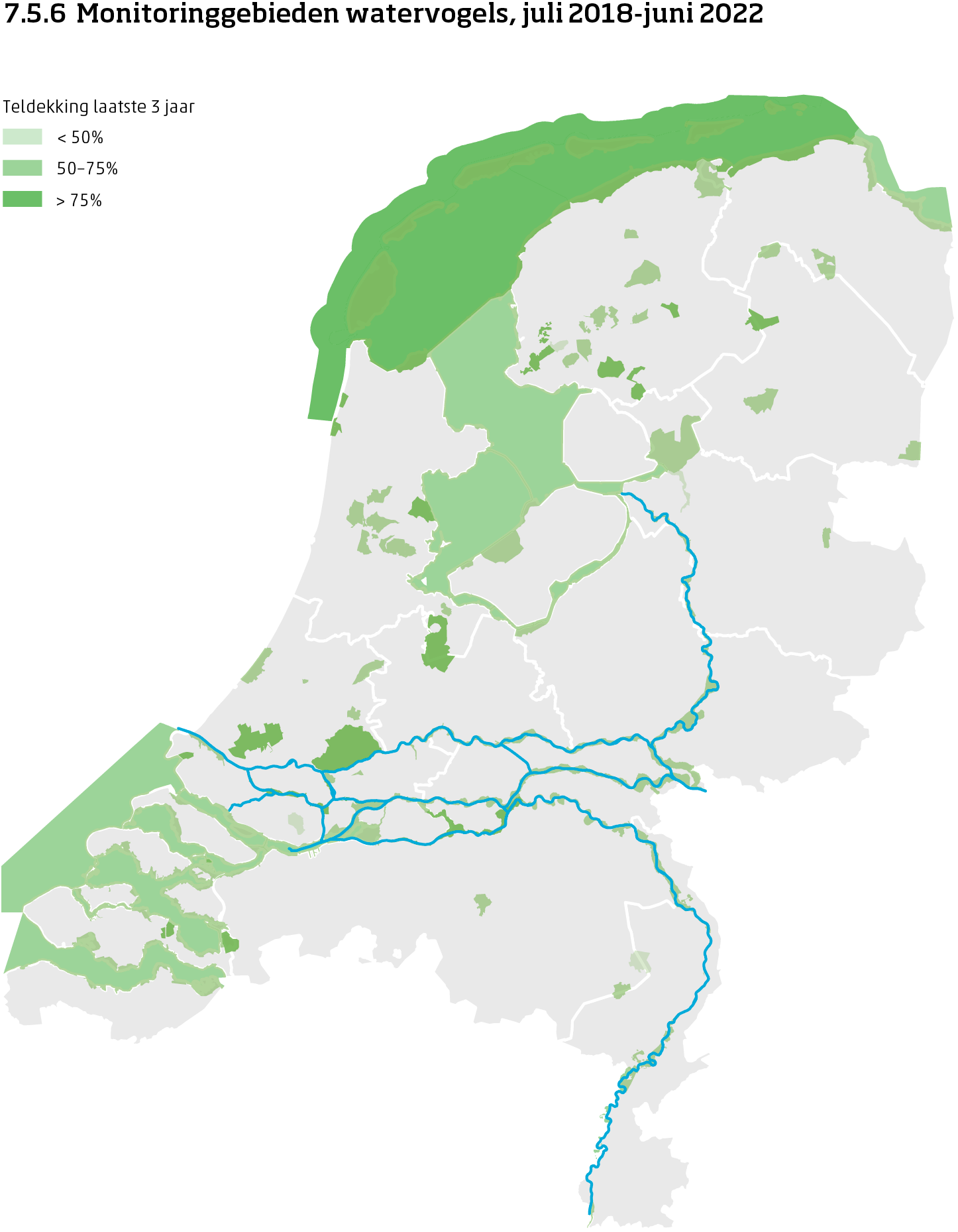 De kaart toont de ligging van de monitoringgebieden in Nederland van watervogels van juli 2017 tot en met juni 2023. Per monitoringgebied is aangegeven of de teldekking in de laatste 3 jaar minder dan 50%, 50 tot 75% of meer dan 75% bereikte.