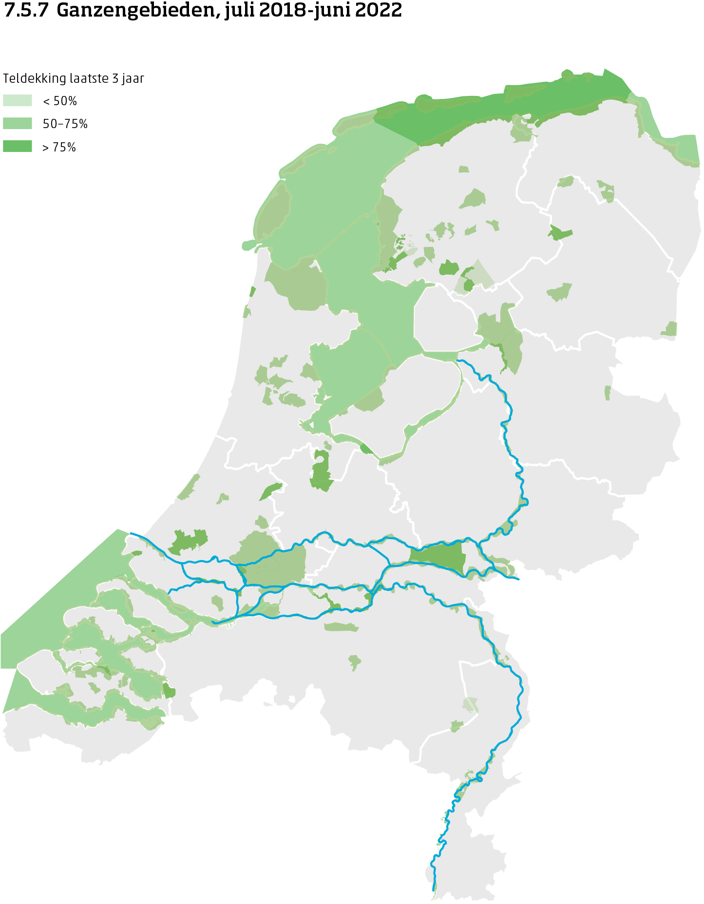De kaart toont de ligging van de ganzengebieden in Nederland van juli 2017 tot en met juni 2023. Per ganzengebied is aangegeven of de teldekking in de laatste 3 jaar minder dan 50%, 50 tot 75% of meer dan 75% bereikte.