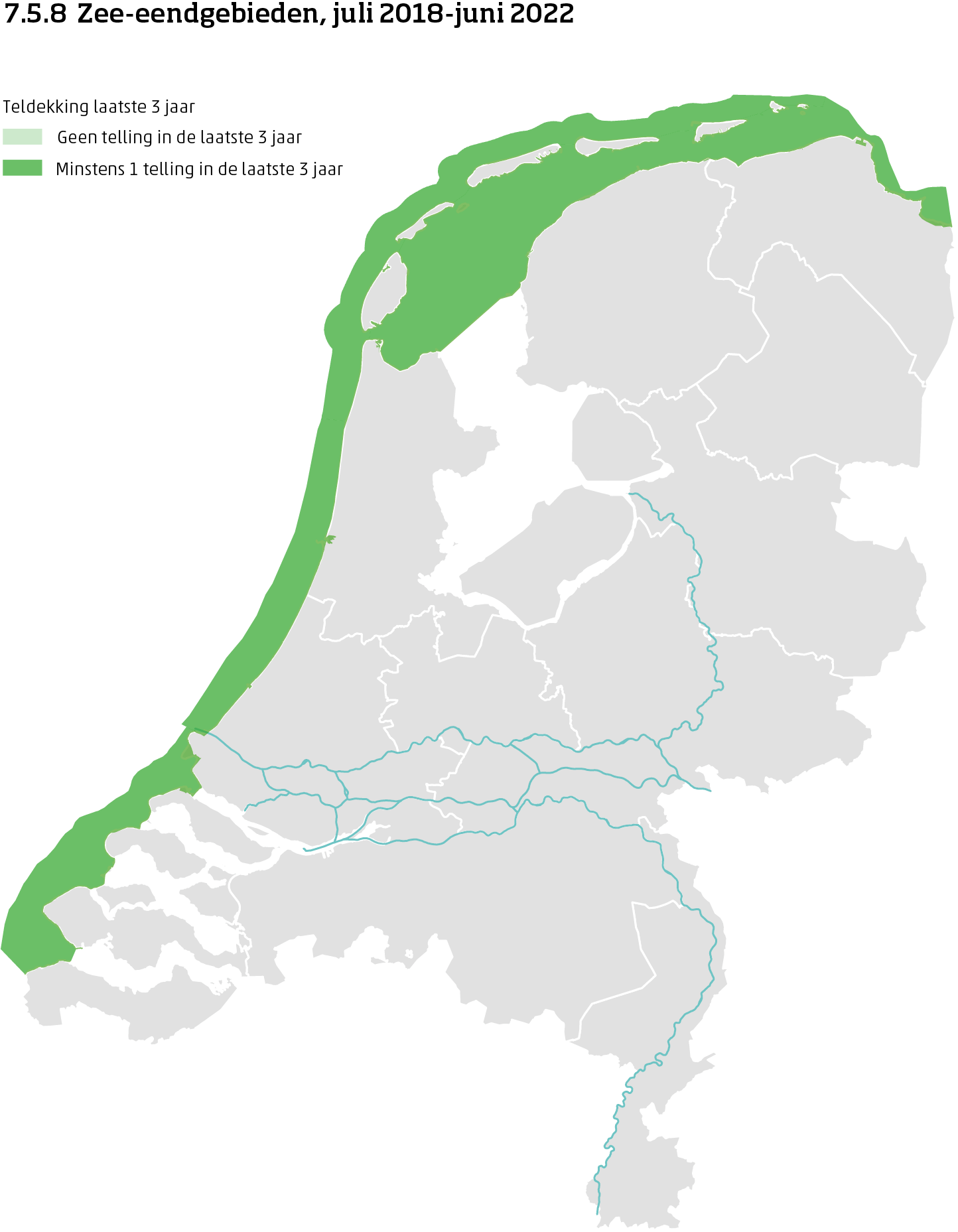 De kaart toont de ligging van de zee-eendgebieden in Nederland van juli 2017 tot en met juni 2023. Per zee-eendgebied is aangegeven of er minimaal 1 telling is uitgevoerd in de laatste 3 jaar of niet.