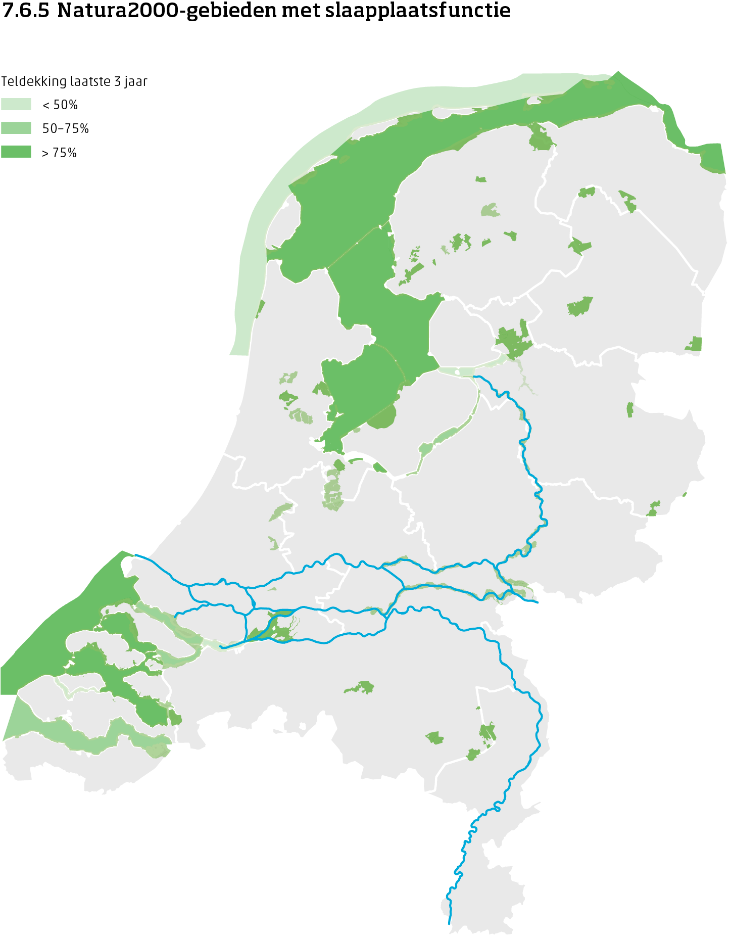 De kaart toont de ligging van de Natura2000-gebieden met slaapplaatsfunctie voor vogels in Nederland. Per Natura2000-gebied is aangegeven of de teldekking in de laatste 3 jaar minder dan 50%, 50 tot 75% of meer dan 75% bereikte.