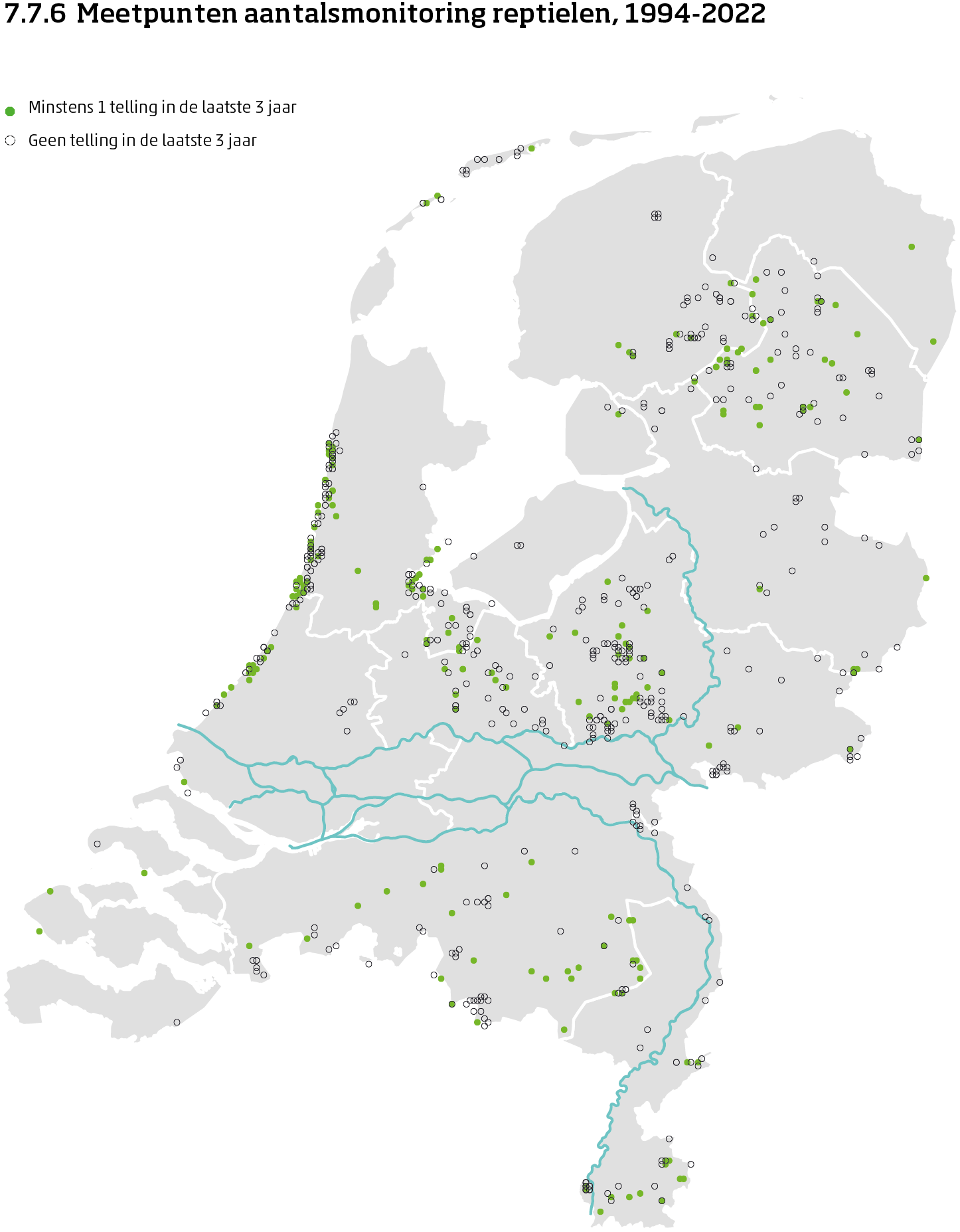 De kaart toont de ligging van de meetpunten in Nederland van de aantalsmonitoring van reptielen van 1994 tot en met 2023. Per meetpunt is aangegeven of er minimaal 1 telling is uitgevoerd in de laatste 3 jaar of niet.