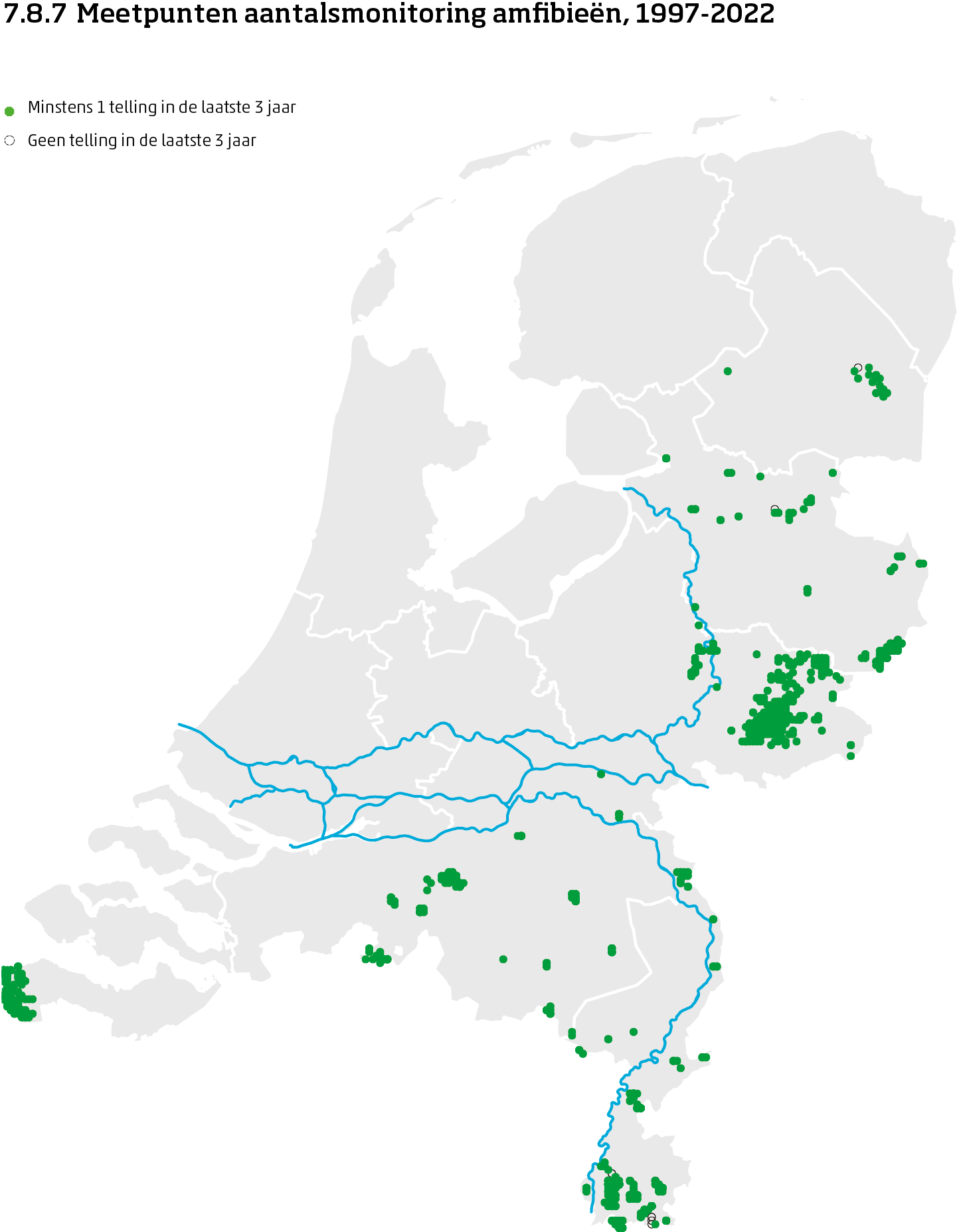 De kaart toont de ligging van de meetpunten in Nederland van de aantalsmonitoring van amfibieën van 1997 tot en met 2023. Per meetpunt is aangegeven of er minimaal 1 telling is uitgevoerd in de laatste 3 jaar of niet.