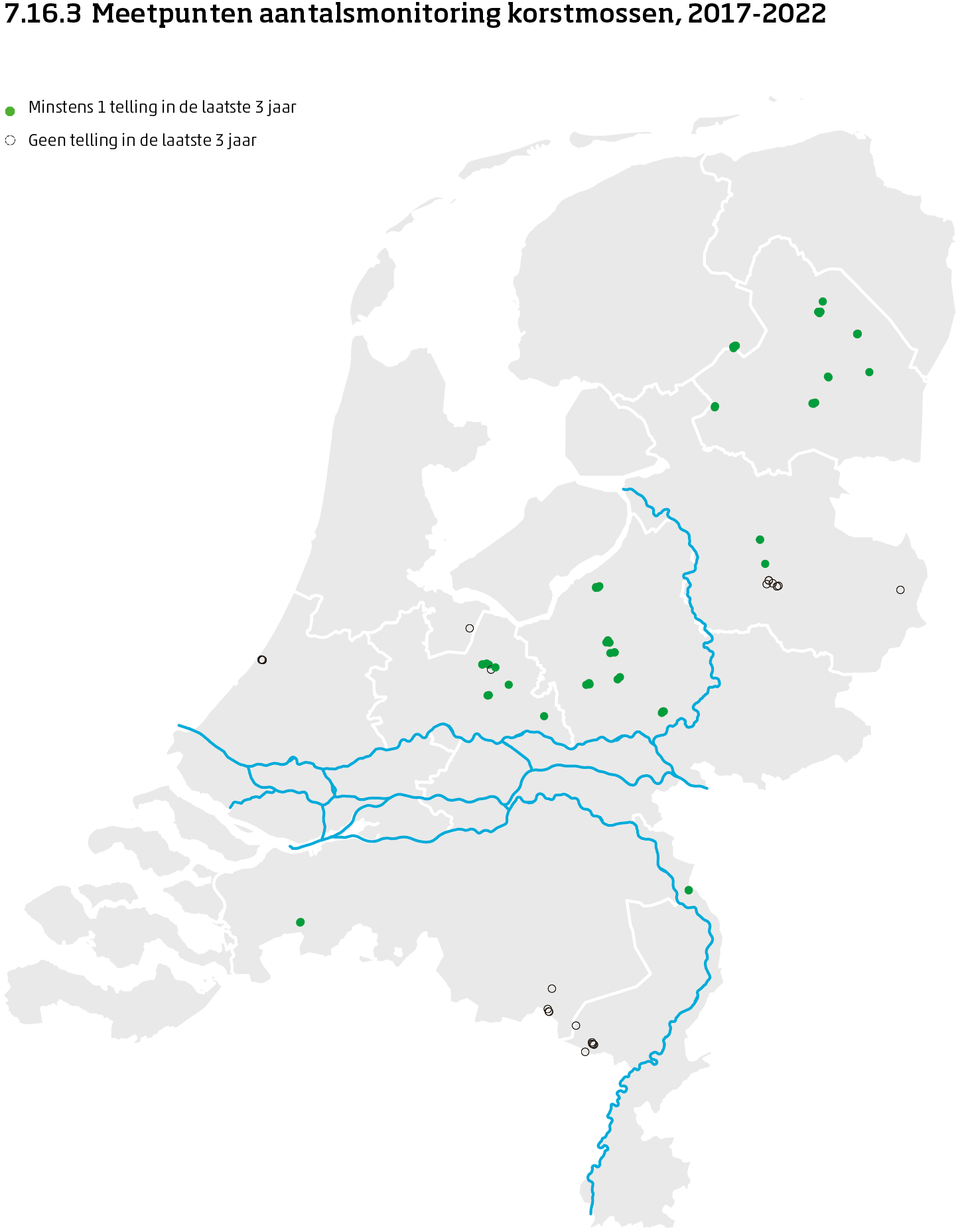 De kaart toont de ligging van de meetpunten in Nederland van de aantalsmonitoring van korstmossen in de meetronde van 2017 tot en met 2023. Per meetpunt is aangegeven of er minimaal 1 telling is uitgevoerd in de huidige meetronde of nog niet.