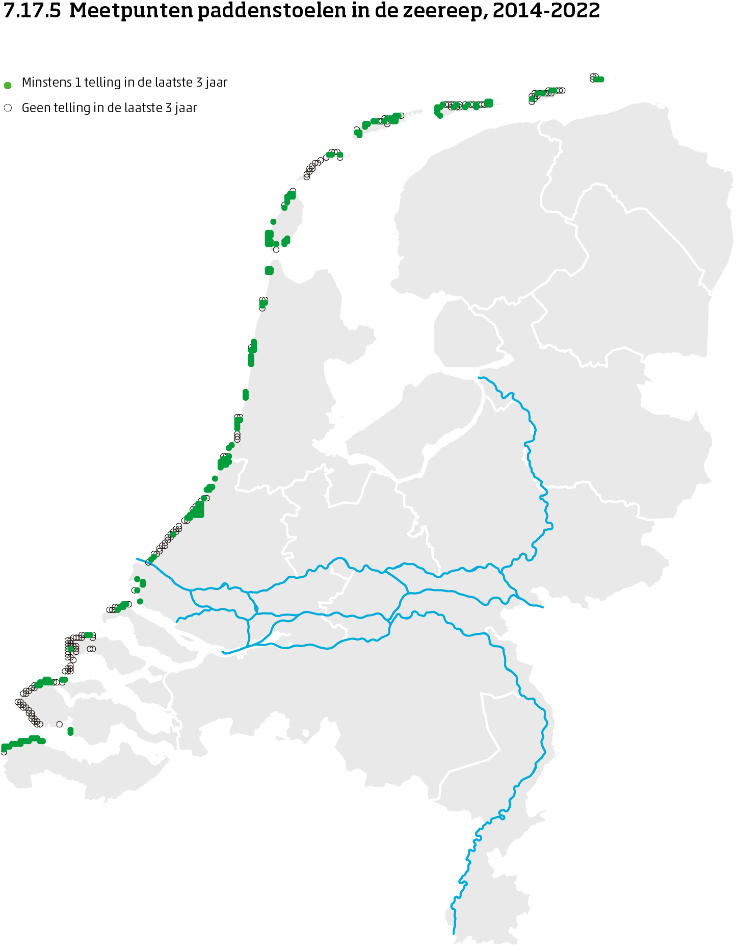 De kaart toont de ligging van de meetpunten in Nederland van paddenstoelen in de zeereep van 2014 tot en met 2023. Per meetpunt is aangegeven of er minimaal 1 telling is uitgevoerd in de laatste 3 jaar of niet.