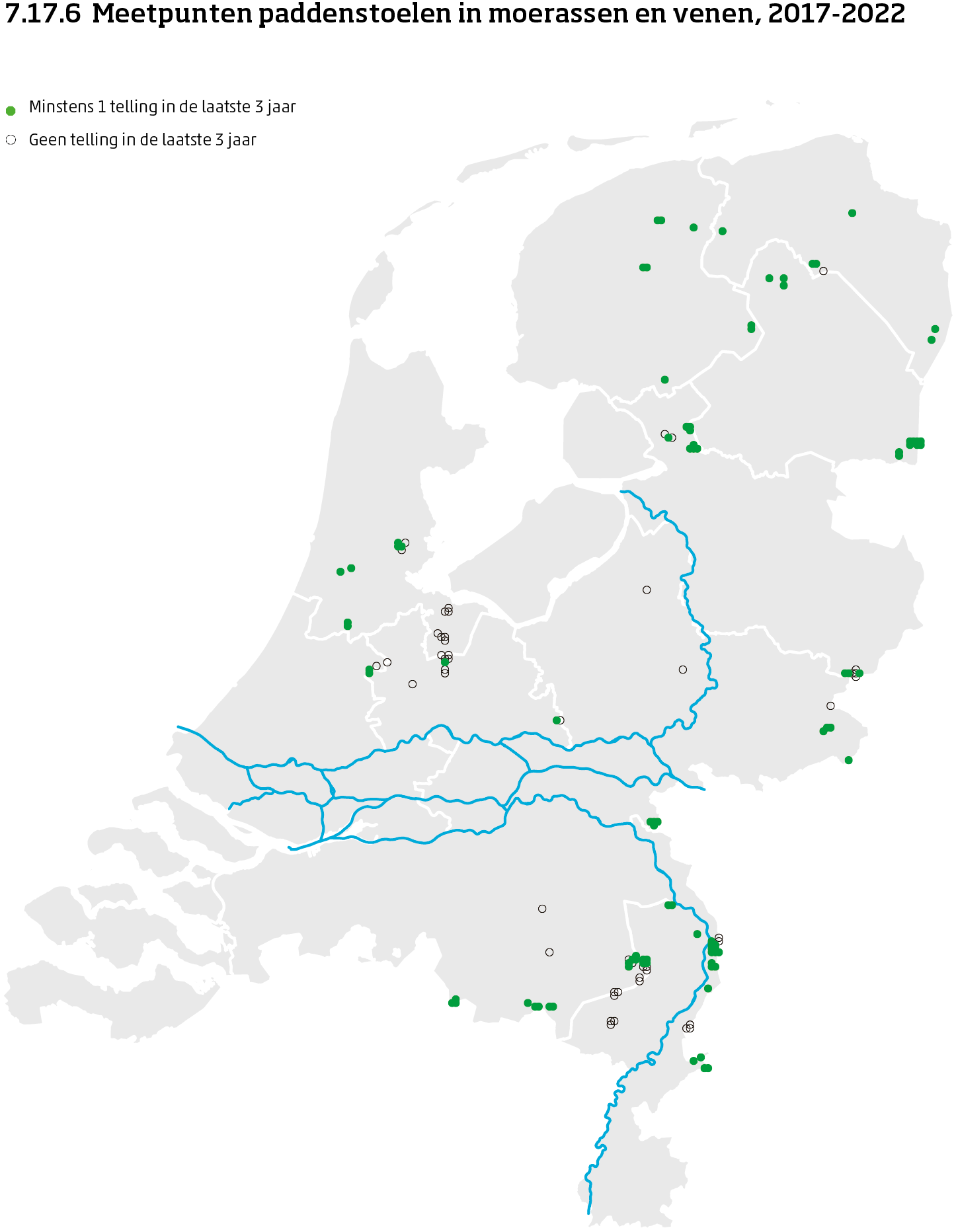 De kaart toont de ligging van de meetpunten in Nederland van paddenstoelen in moerassen en vennen van 2016 tot en met 2023. Per meetpunt is aangegeven of er minimaal 1 telling is uitgevoerd in de laatste 3 jaar of niet.