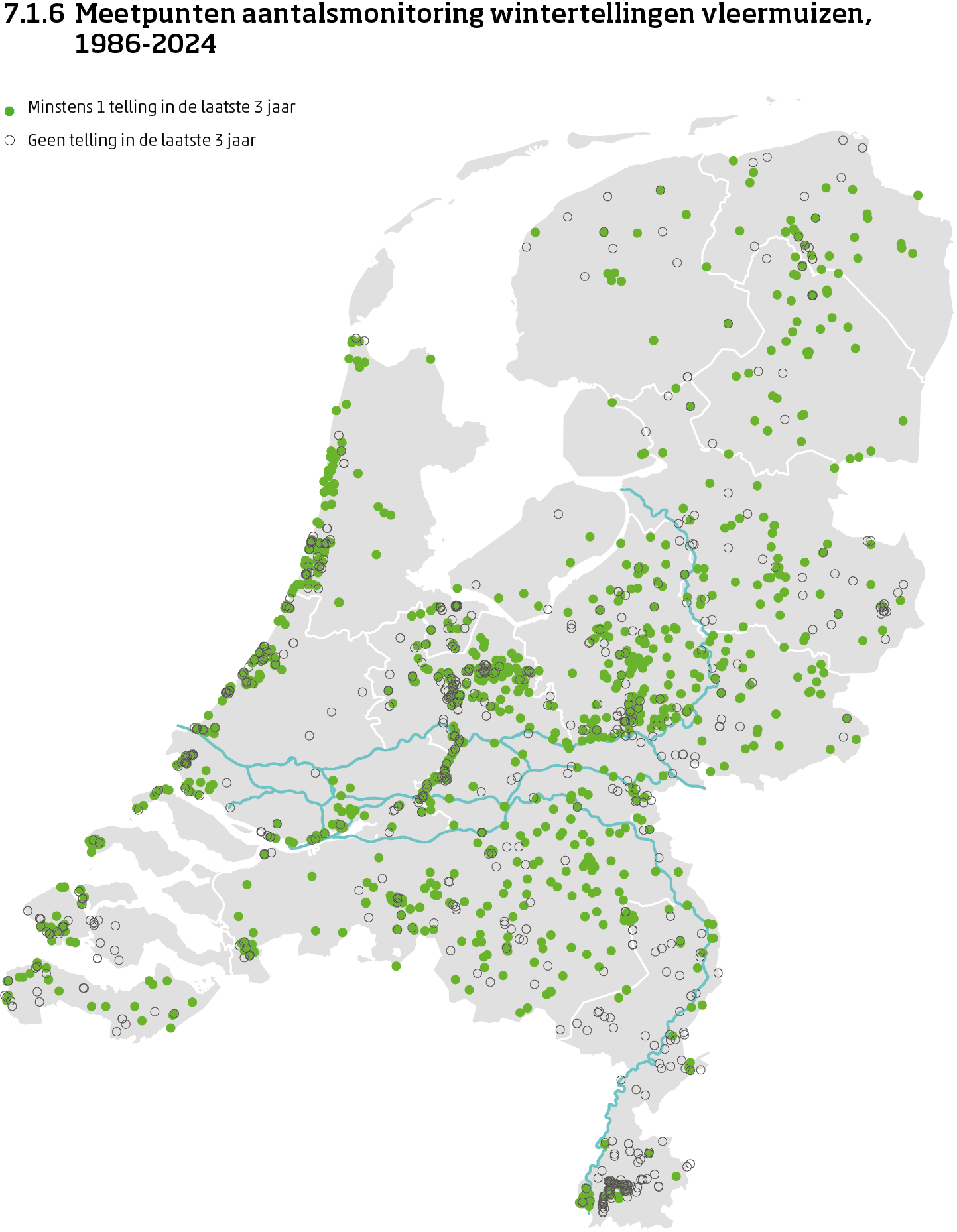 De kaart toont de ligging van de meetpunten in Nederland van de aantalsmonitoring van vleermuizen door middel van wintertellingen van 1986 tot en met 2023. Per meetpunt is aangegeven of er minimaal 1 telling is uitgevoerd in de laatste 3 jaar of niet.