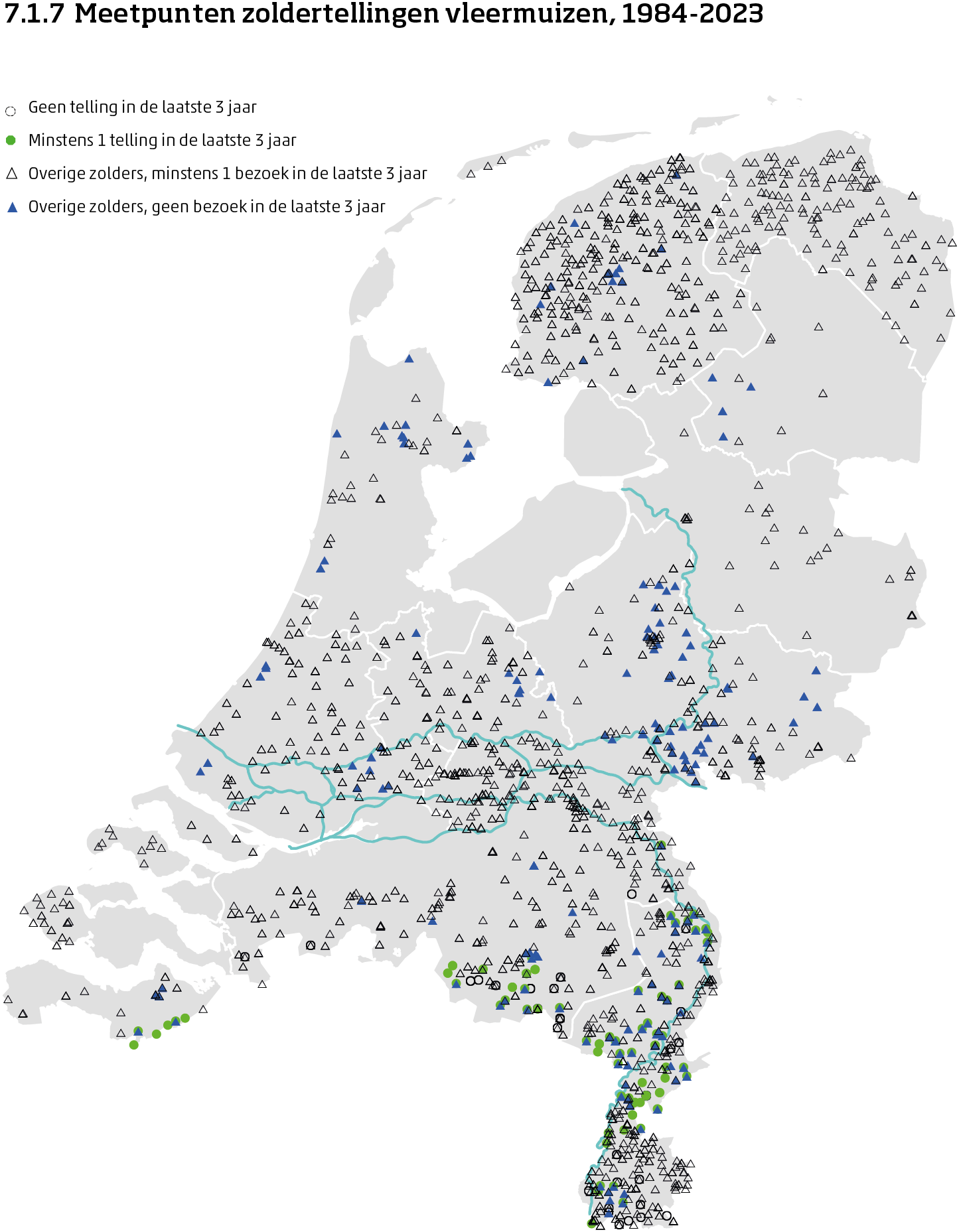 De kaart toont de ligging van de meetpunten in Nederland van de aantalsmonitoring van vleermuizen door middel van zoldertellingen van 1984 tot en met 2024. Per meetpunt is aangegeven of er minimaal 1 telling is uitgevoerd in de laatste 3 jaar of niet.
