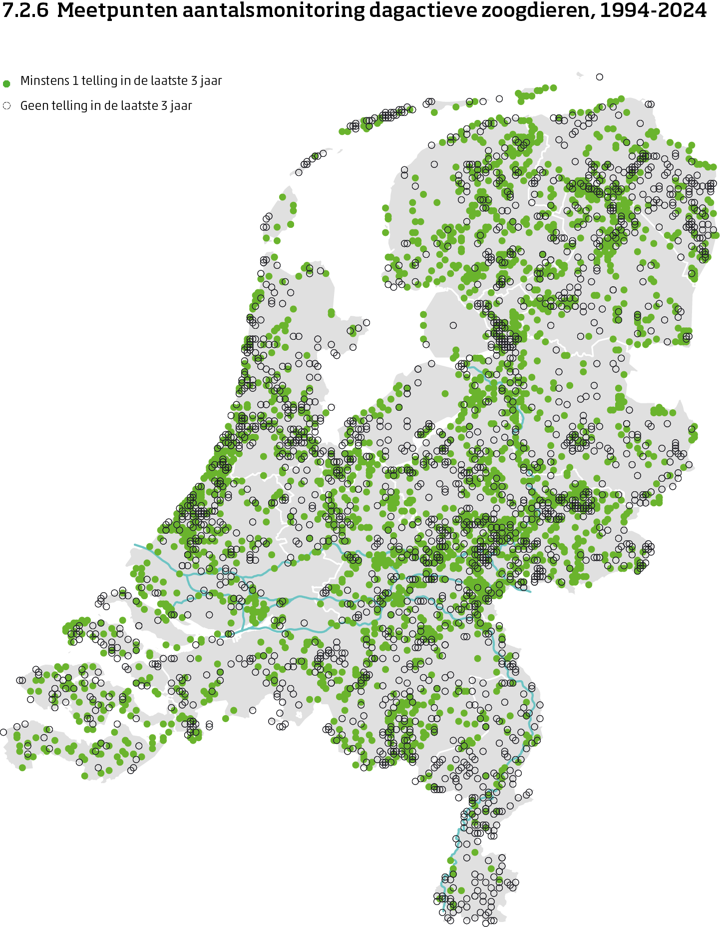 De kaart toont de ligging van de meetpunten in Nederland van de aantalsmonitoring van dagactieve zoogdieren van 1994 tot en met 2024. Per meetpunt is aangegeven of er minimaal 1 telling is uitgevoerd in de laatste 3 jaar of niet.