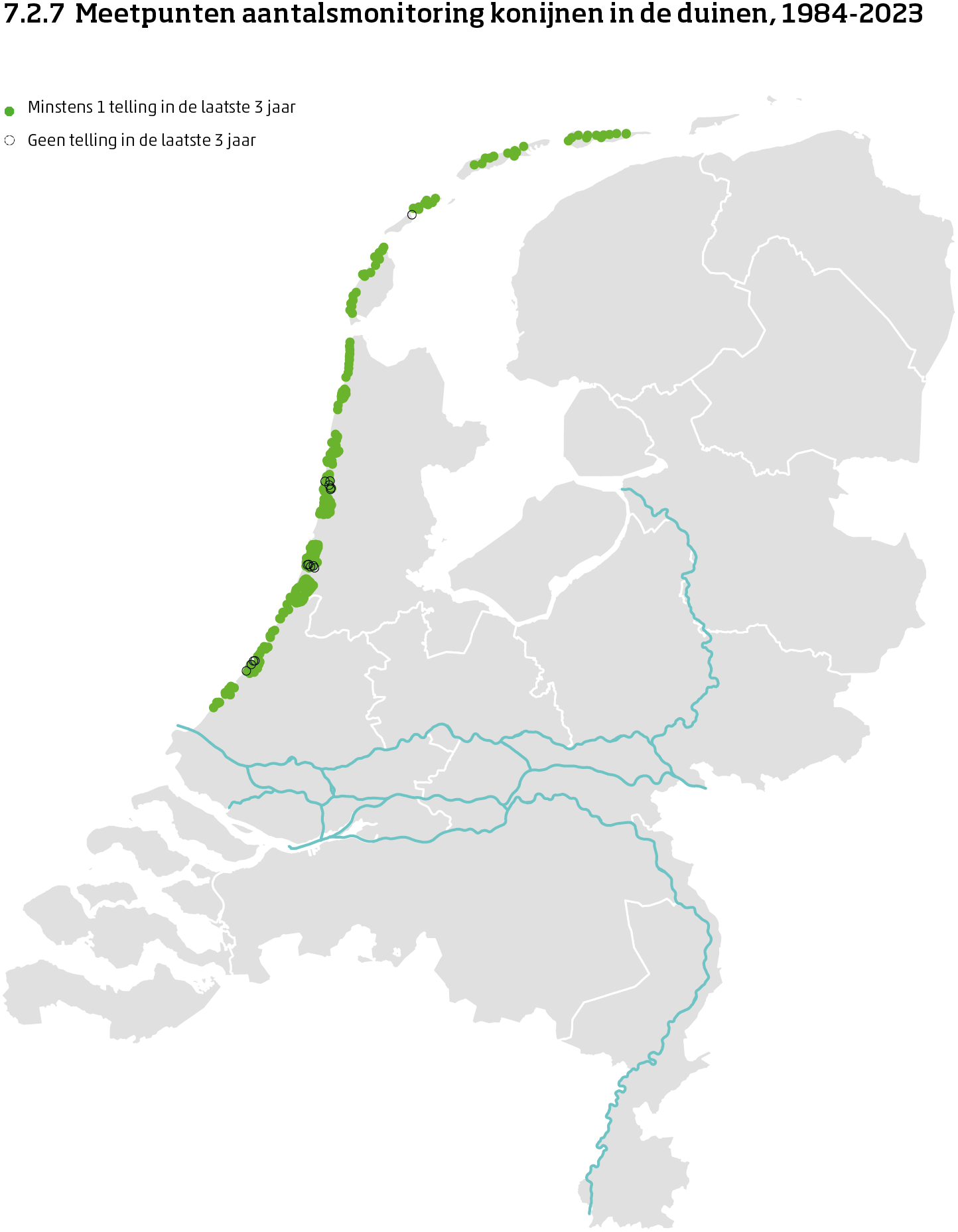 De kaart toont de ligging van de meetpunten in de duinen in Nederland van de aantalsmonitoring van konijnen van 1984 tot en met 2024. Per meetpunt is aangegeven of er minimaal 1 telling is uitgevoerd in de laatste 3 jaar of niet.