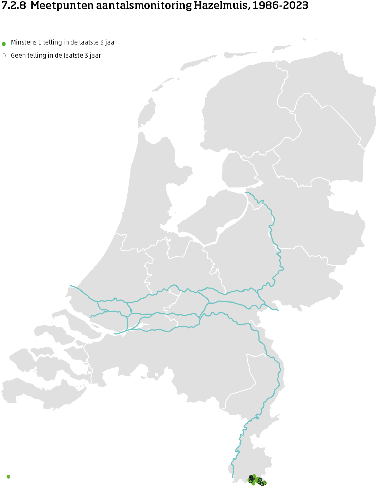 De kaart toont de ligging van de meetpunten in Nederland van de aantalsmonitoring van hazelmuizen van 1986 tot en met 2024. Per meetpunt is aangegeven of er minimaal 1 telling is uitgevoerd in de laatste 3 jaar of niet.