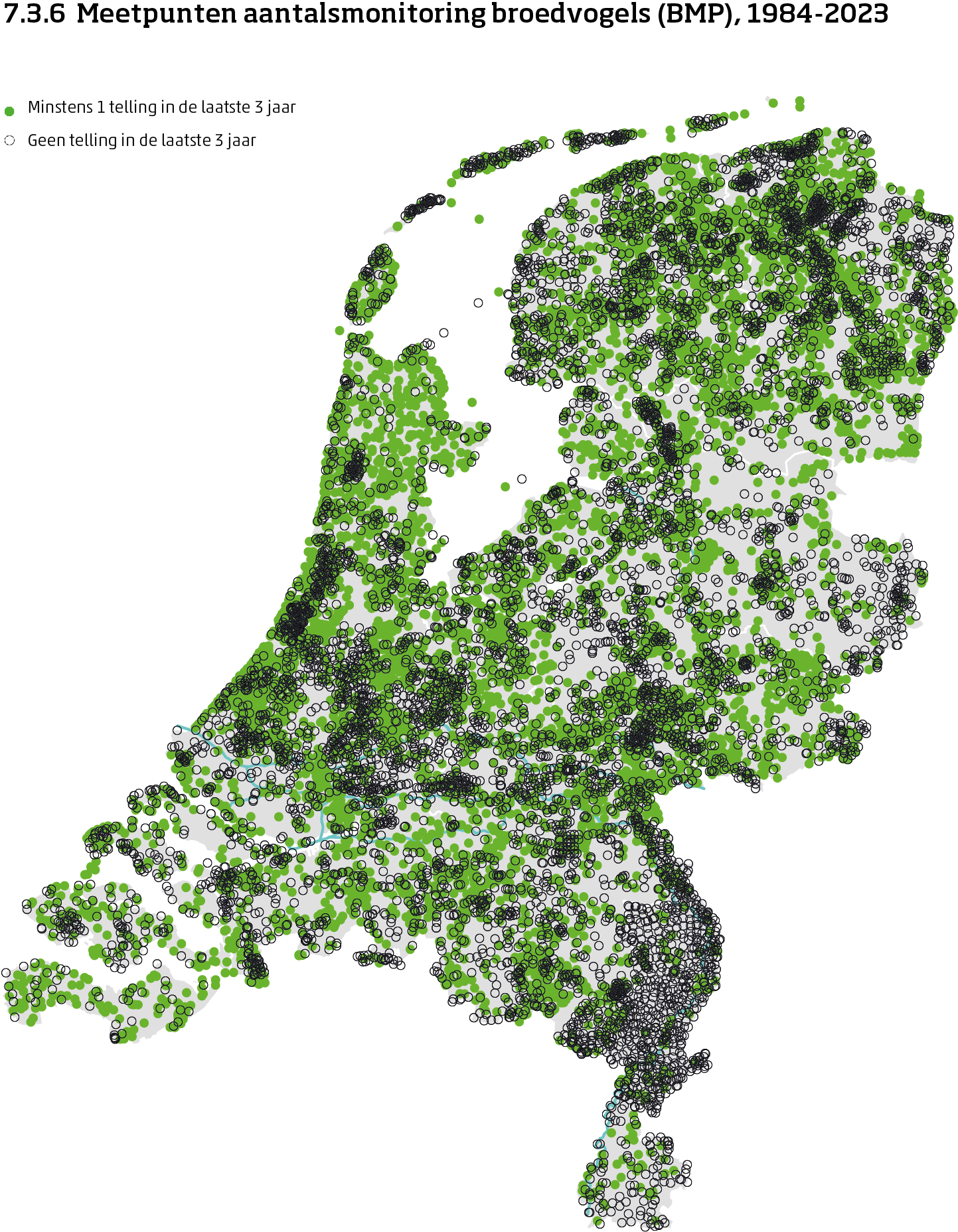 De kaart toont de ligging van de meetpunten in Nederland van de aantalsmonitoring van broedvogels van 1984 tot en met 2024. Per meetpunt is aangegeven of er minimaal 1 telling is uitgevoerd in de laatste 3 jaar of niet.