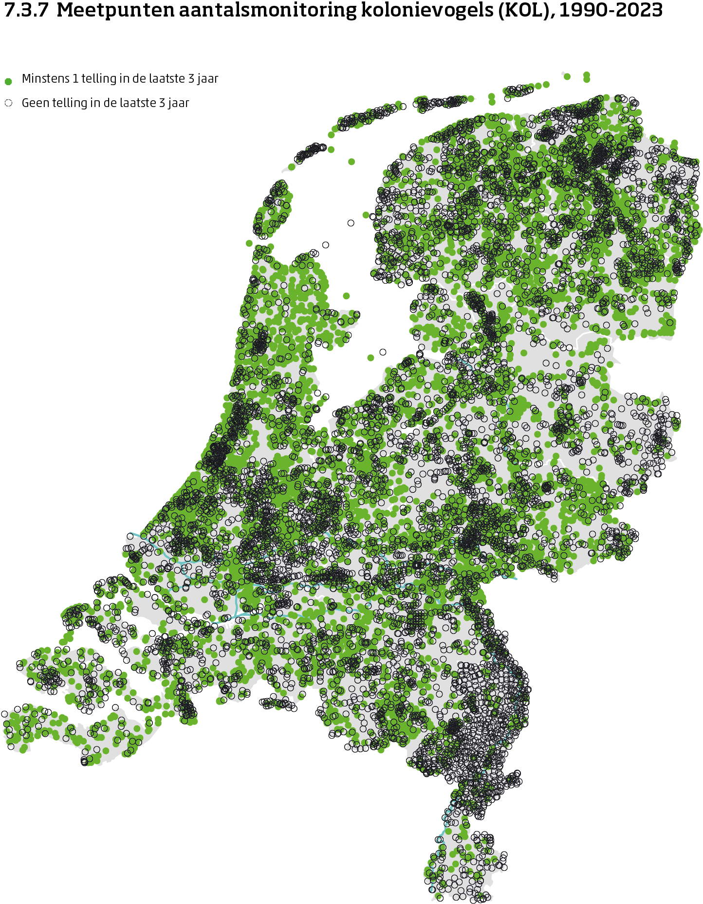 De kaart toont de ligging van de meetpunten in Nederland van de aantalsmonitoring van kolonievogels van 1990 tot en met 2024. Per meetpunt is aangegeven of er minimaal 1 telling is uitgevoerd in de laatste 3 jaar of niet.