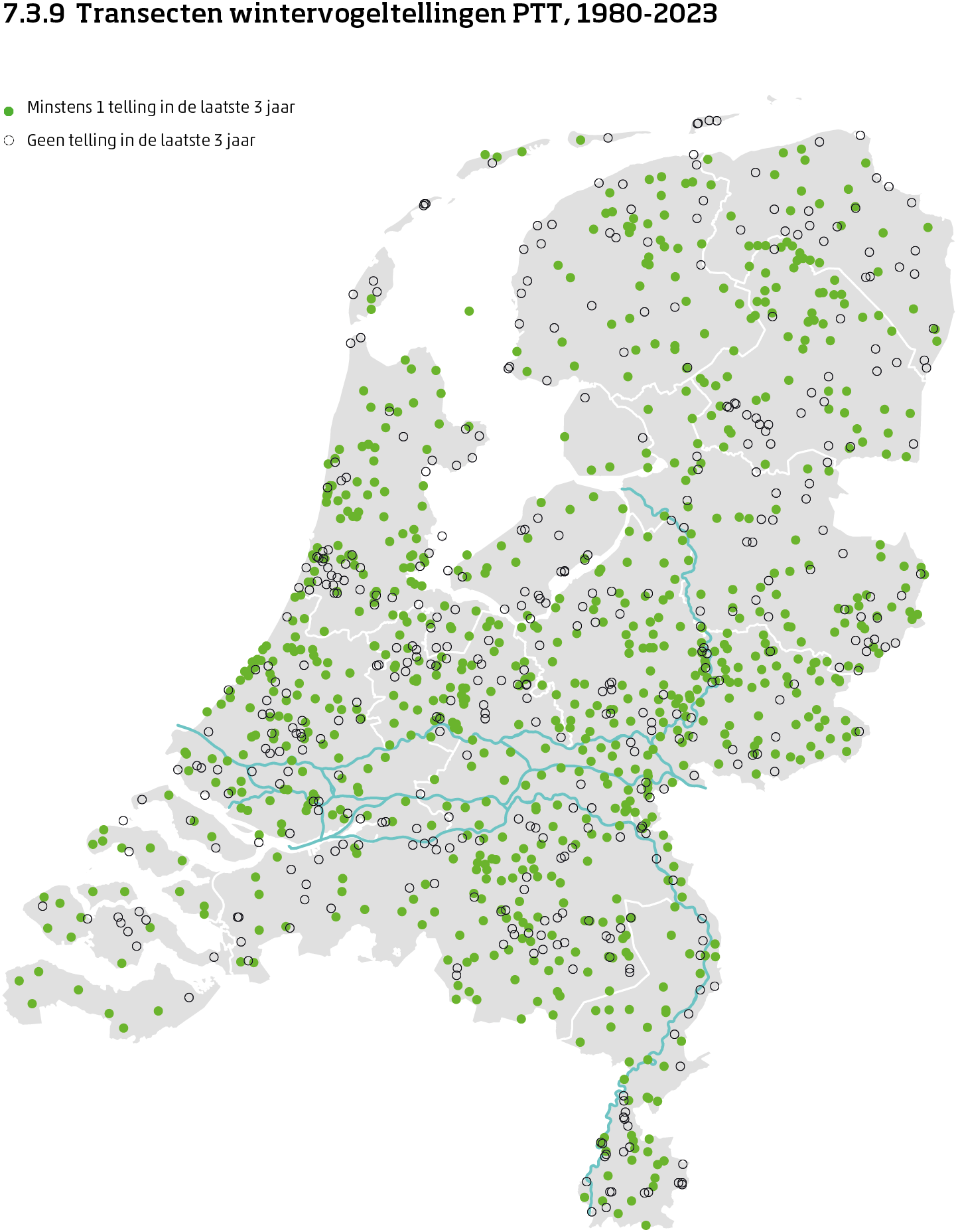 De kaart toont de ligging van de transecten in Nederland van de aantalsmonitoring van broedvogels door middel van punt transect tellingen in de winter van 1980 tot en met 2024. Per transect is aangegeven of er minimaal 1 telling is uitgevoerd in de laatste 3 jaar of niet.