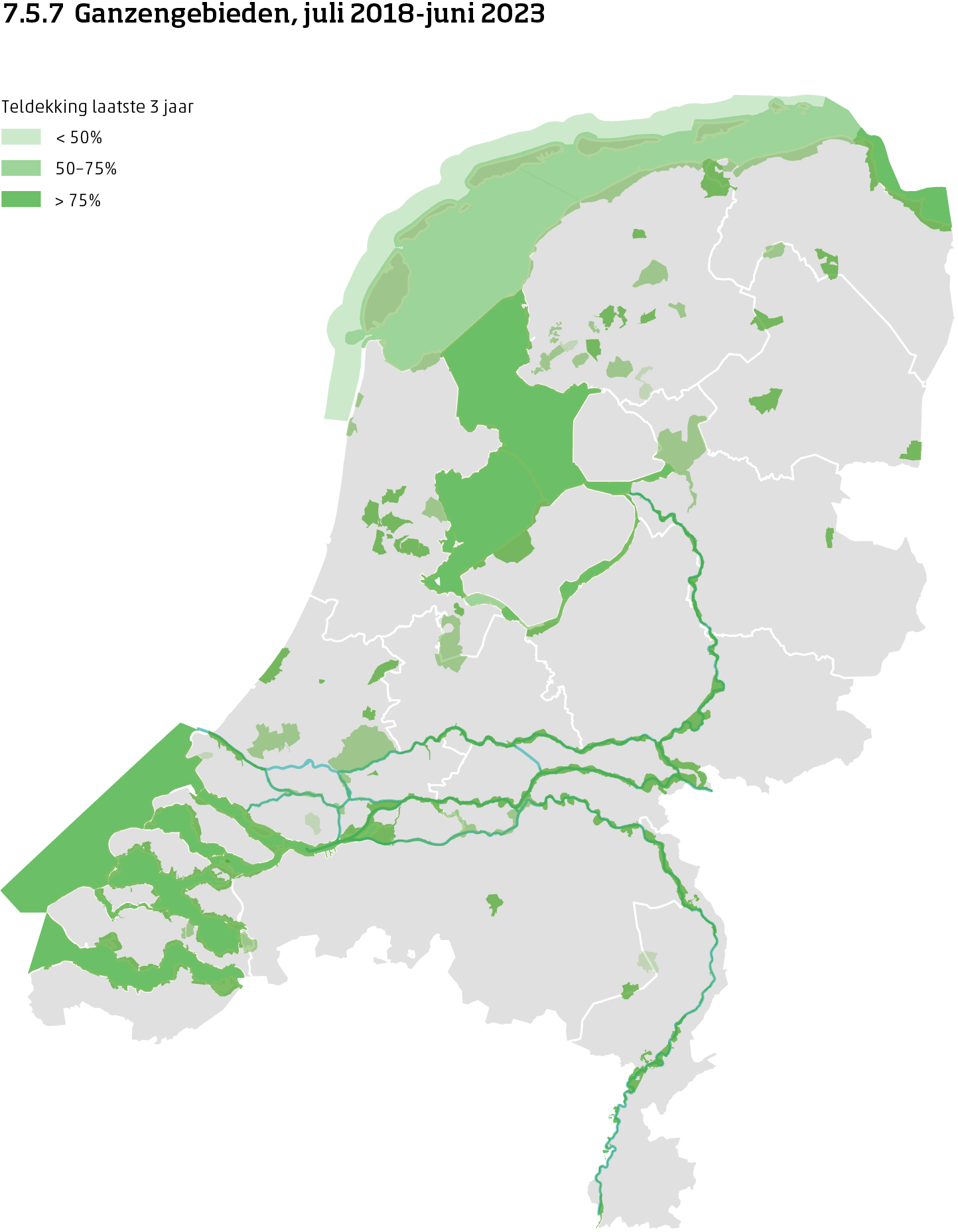De kaart toont de ligging van de ganzengebieden in Nederland van juli 2017 tot en met juni 2024. Per ganzengebied is aangegeven of de teldekking in de laatste 3 jaar minder dan 50%, 50 tot 75% of meer dan 75% bereikte.