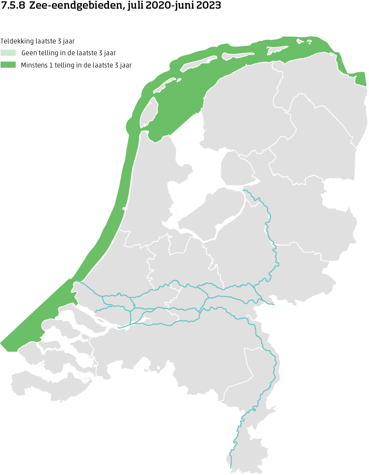 De kaart toont de ligging van de zee-eendgebieden in Nederland van juli 2017 tot en met juni 2024. Per zee-eendgebied is aangegeven of er minimaal 1 telling is uitgevoerd in de laatste 3 jaar of niet.