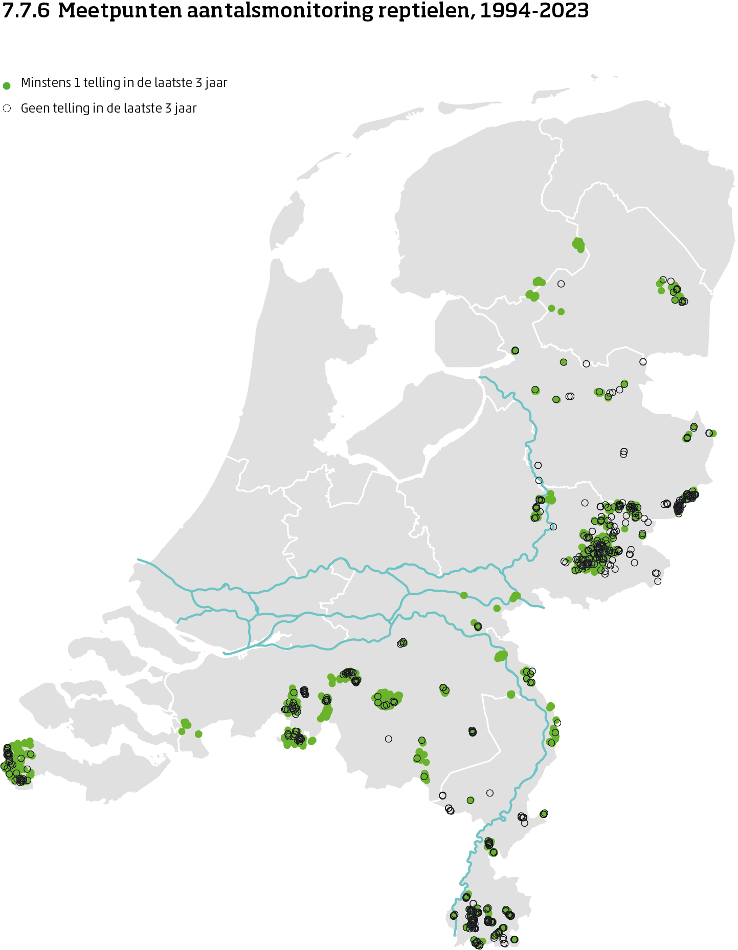 De kaart toont de ligging van de meetpunten in Nederland van de aantalsmonitoring van reptielen van 1994 tot en met 2024. Per meetpunt is aangegeven of er minimaal 1 telling is uitgevoerd in de laatste 3 jaar of niet.