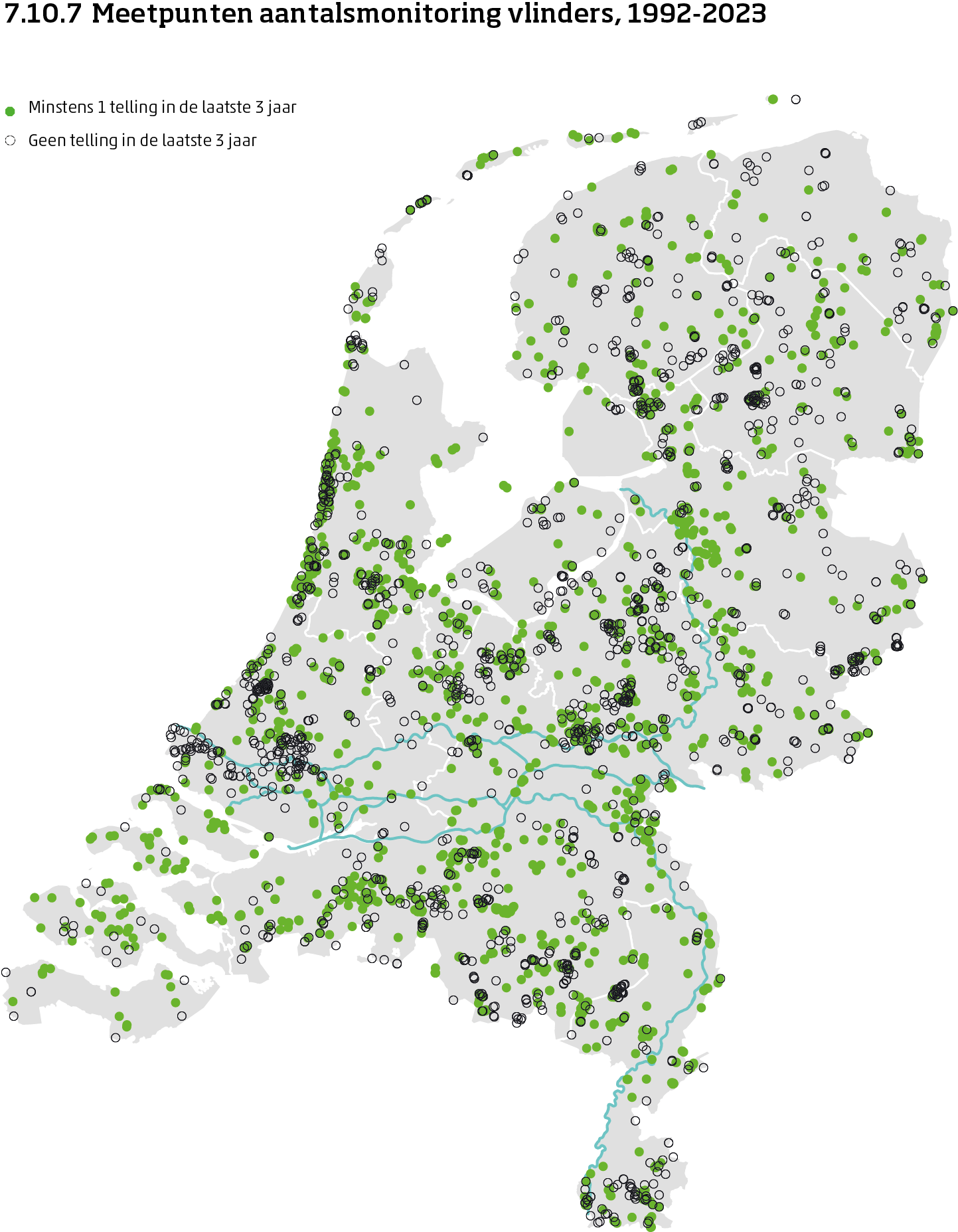 De kaart toont de ligging van de meetpunten in Nederland van de aantalsmonitoring van vlinders van 1992 tot en met 2024. Per meetpunt is aangegeven of er minimaal 1 telling is uitgevoerd in de laatste 3 jaar of niet.