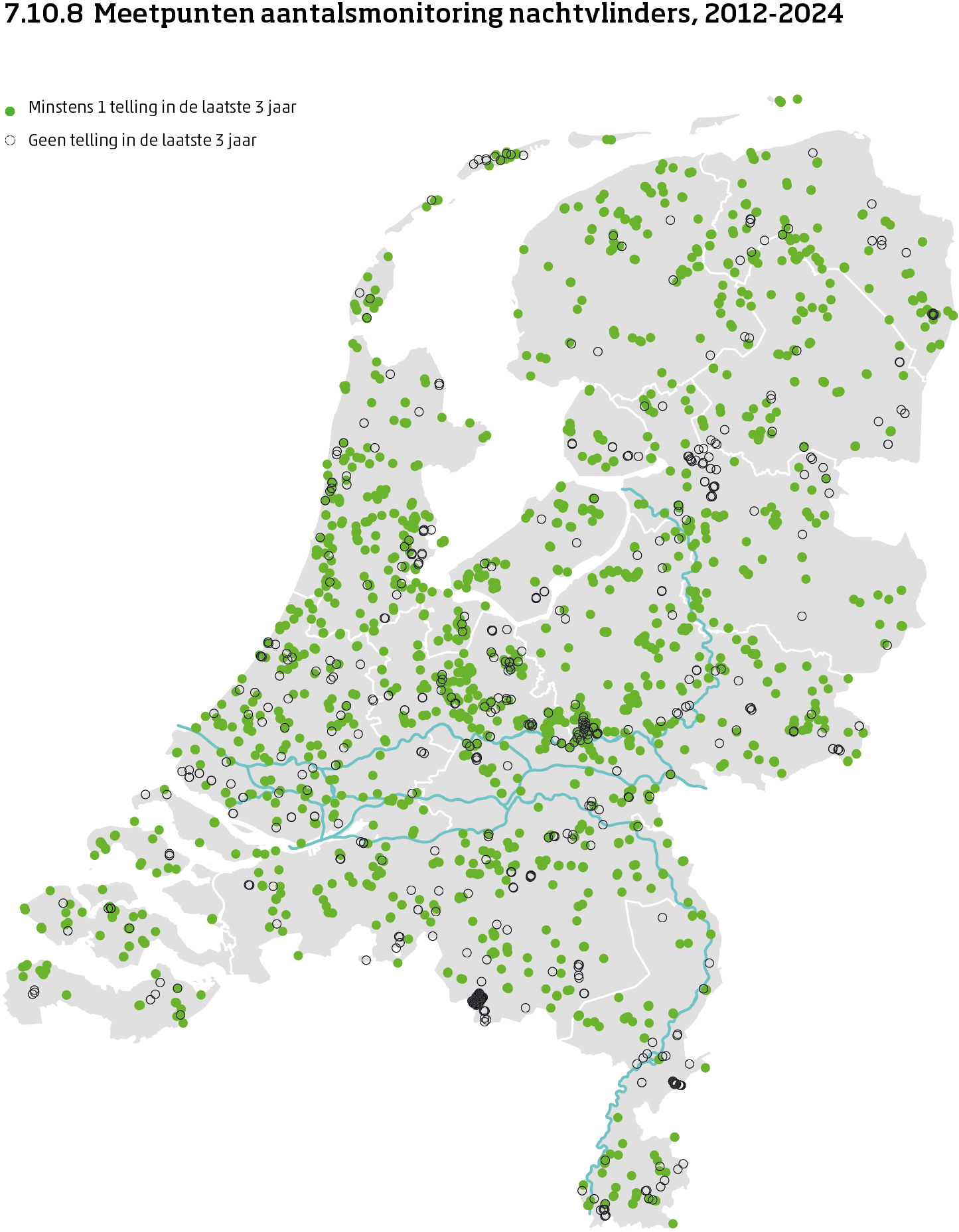 De kaart toont de ligging van de meetpunten in Nederland van de aantalsmonitoring van nachtvlinders van 2018 tot en met 2024.