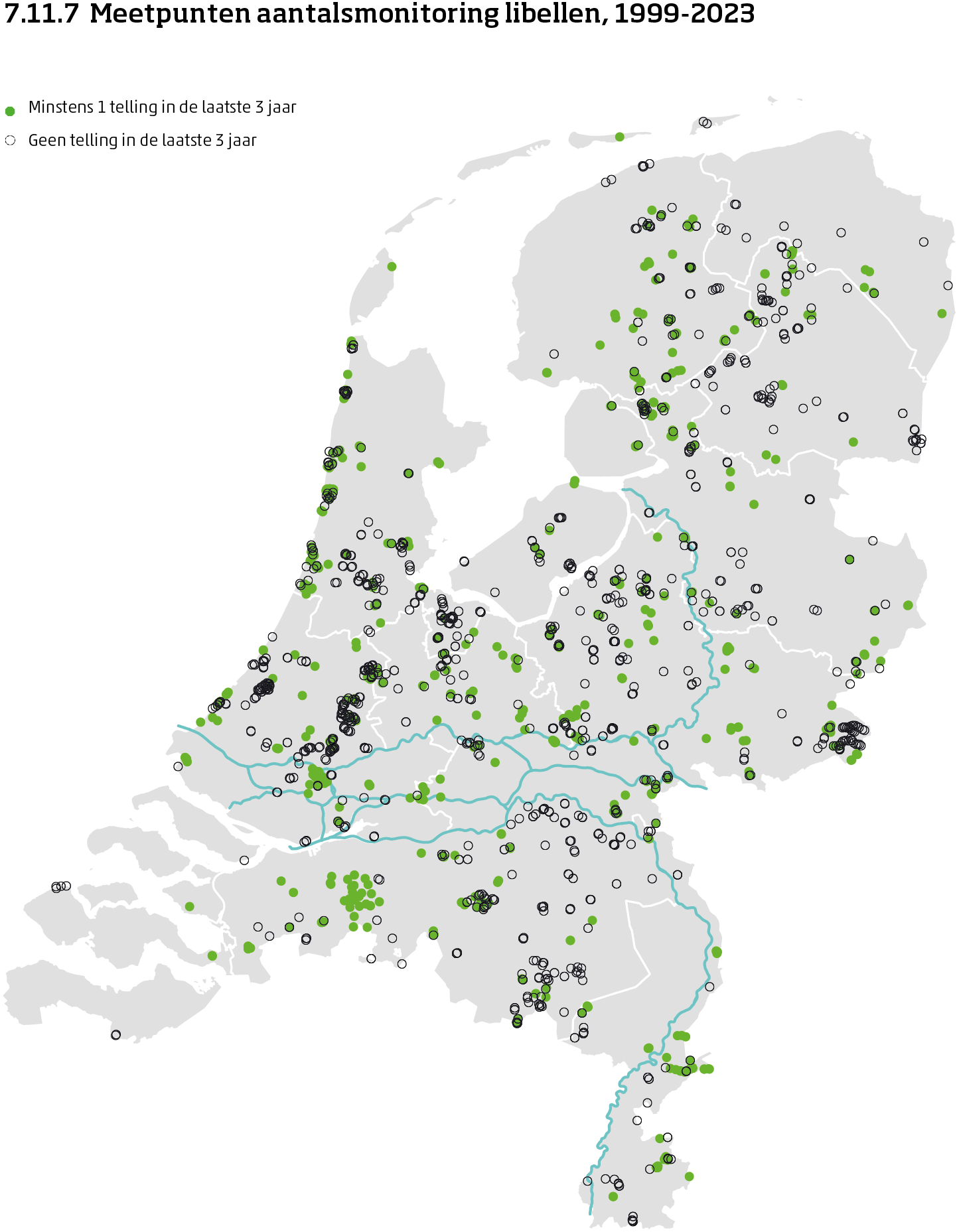 De kaart toont de ligging van de meetpunten in Nederland van de aantalsmonitoring van libellen van 1999 tot en met 2024. Per meetpunt is aangegeven of er minimaal 1 telling is uitgevoerd in de laatste 3 jaar of niet.