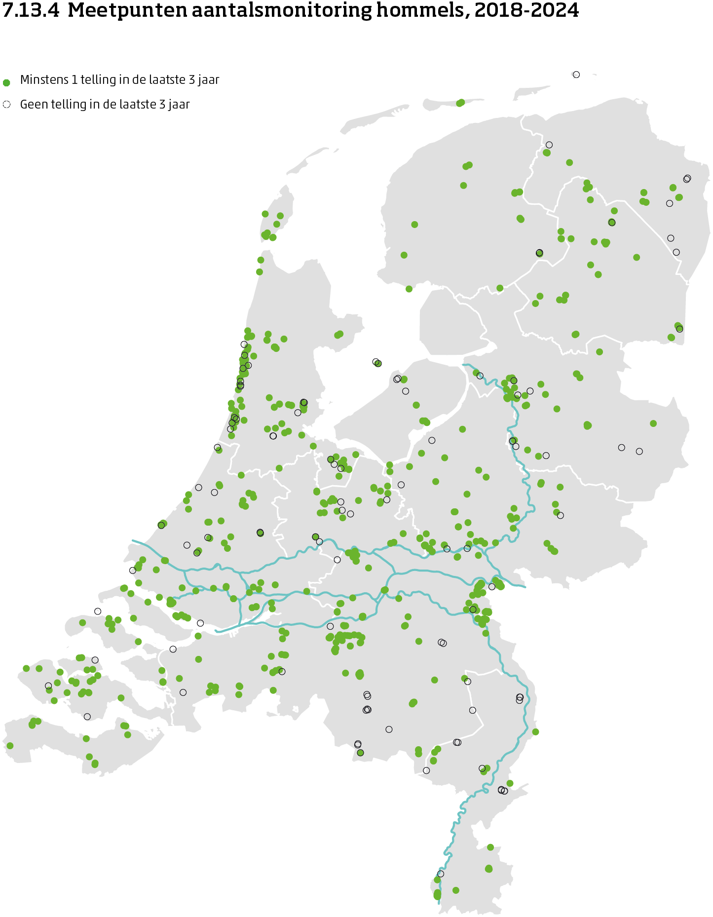 De kaart toont de ligging van de meetpunten in Nederland van het landelijk meetnet hommels van 2018 tot en met 2024. Per meetpunt is aangegeven of er minimaal 1 telling is uitgevoerd in de laatste 3 meetronden of niet.