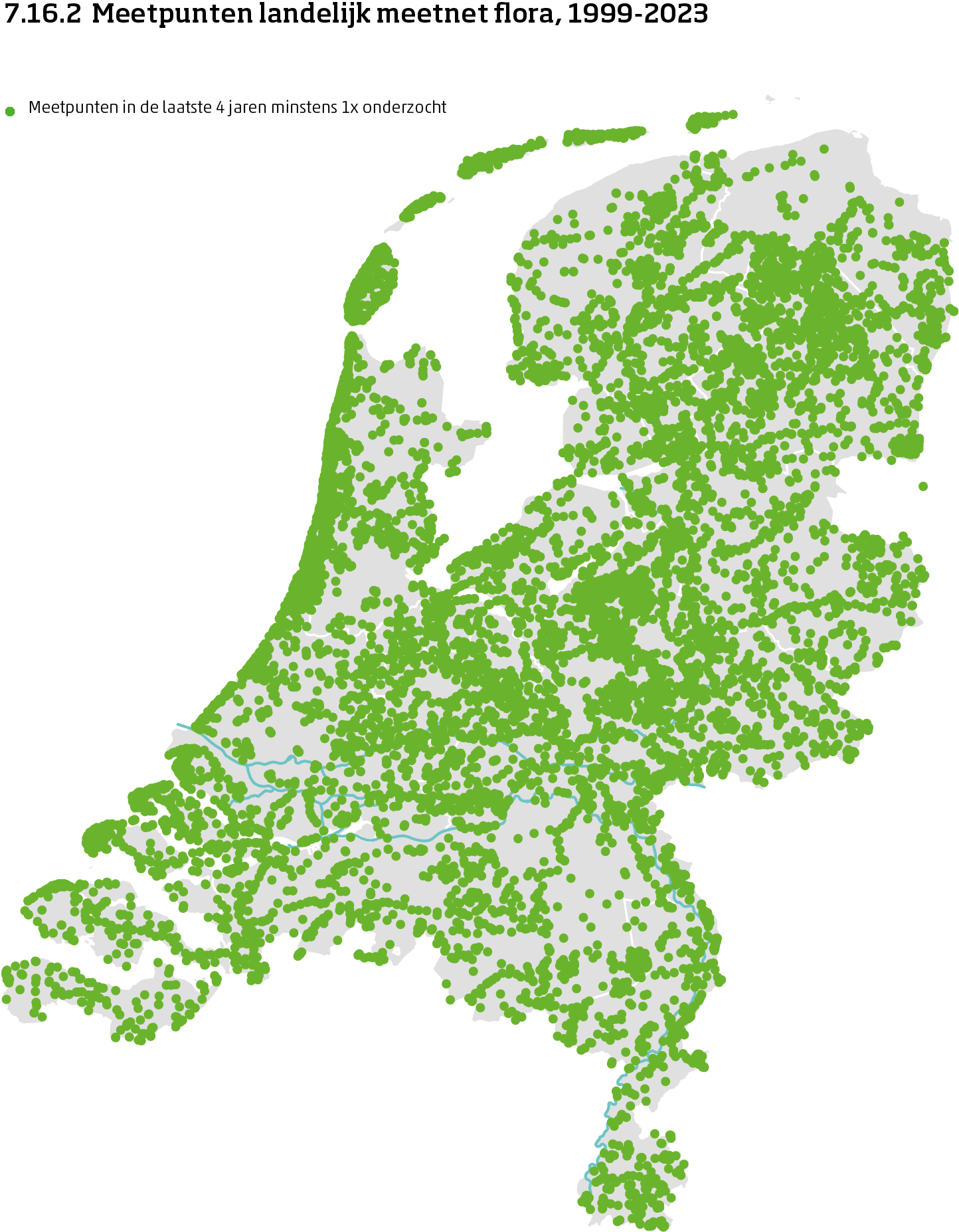 De kaart toont de ligging van de meetpunten in Nederland van het landelijk meetnet flora van 1999 tot en met 2023. Per meetpunt is aangegeven of er minimaal 1 telling is uitgevoerd in de laatste 3 meetronden of niet.