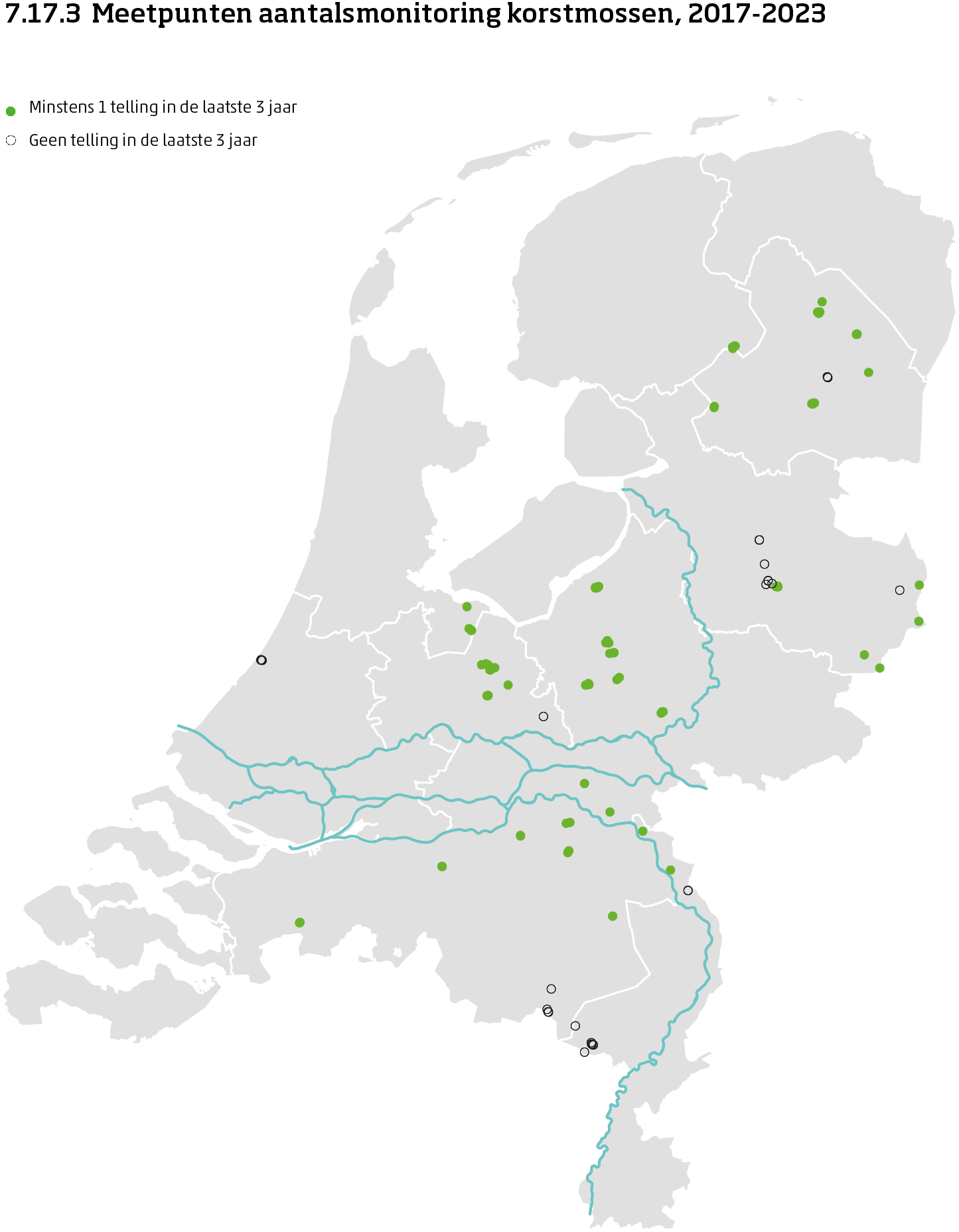 De kaart toont de ligging van de meetpunten in Nederland van de aantalsmonitoring van korstmossen in de meetronde van 2017 tot en met 2023. Per meetpunt is aangegeven of er minimaal 1 telling is uitgevoerd in de huidige meetronde of nog niet.