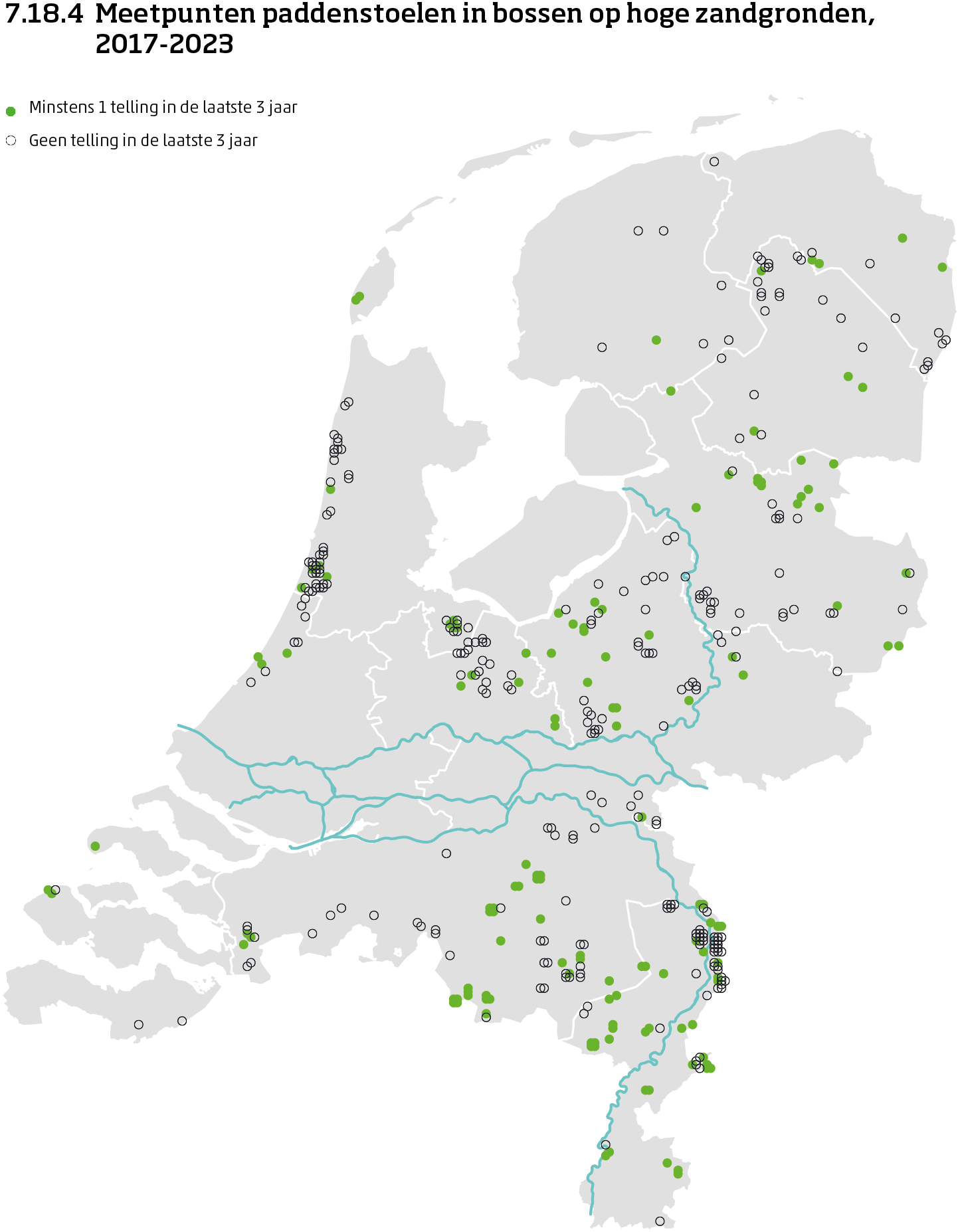 De kaart toont de ligging van de meetpunten in Nederland van paddenstoelen in bossen op zandgronden van 2017 tot en met 2024. Per meetpunt is aangegeven of er minimaal 1 telling is uitgevoerd in de laatste 3 jaar of niet.