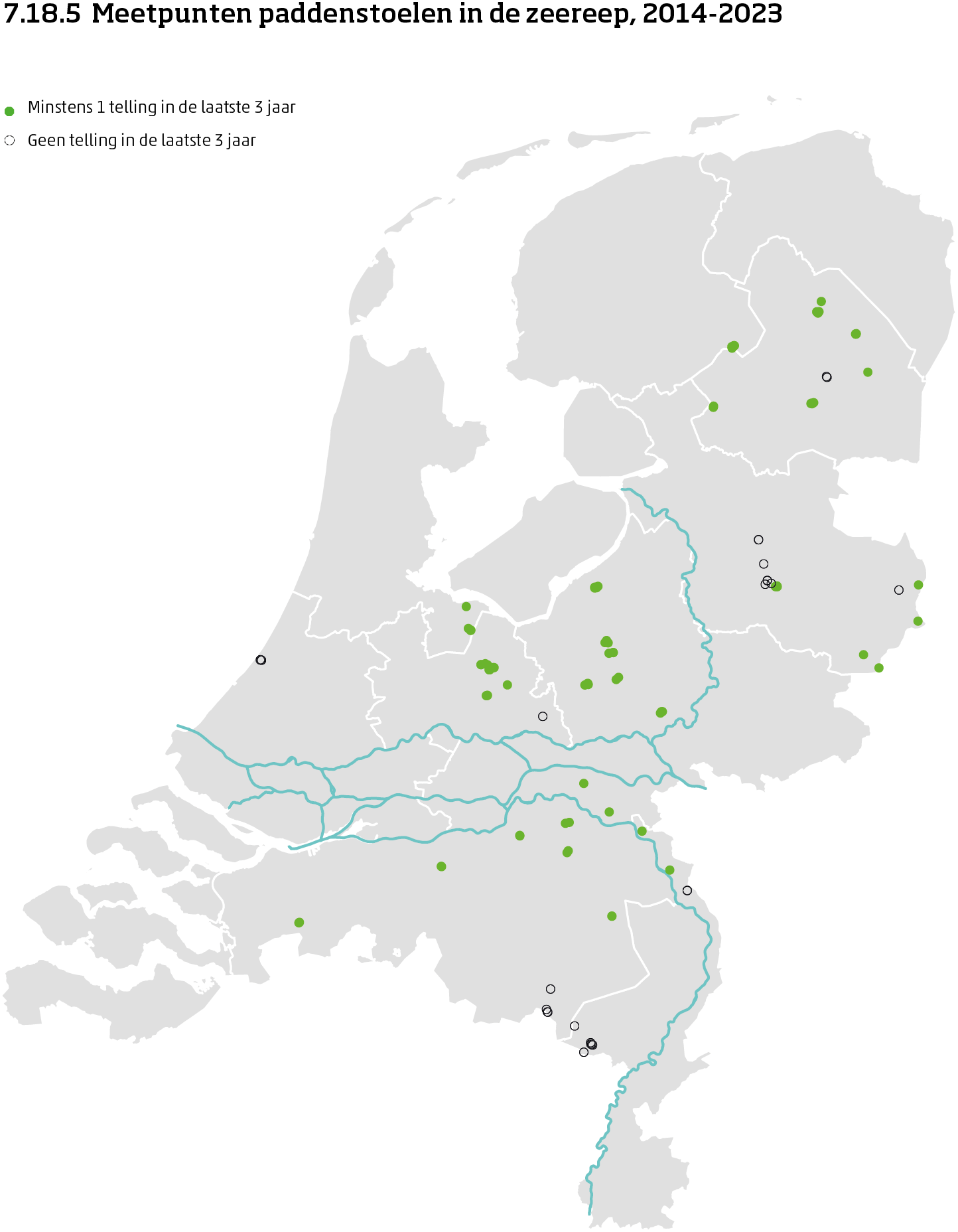 De kaart toont de ligging van de meetpunten in Nederland van paddenstoelen in de zeereep van 2014 tot en met 2024. Per meetpunt is aangegeven of er minimaal 1 telling is uitgevoerd in de laatste 3 jaar of niet.